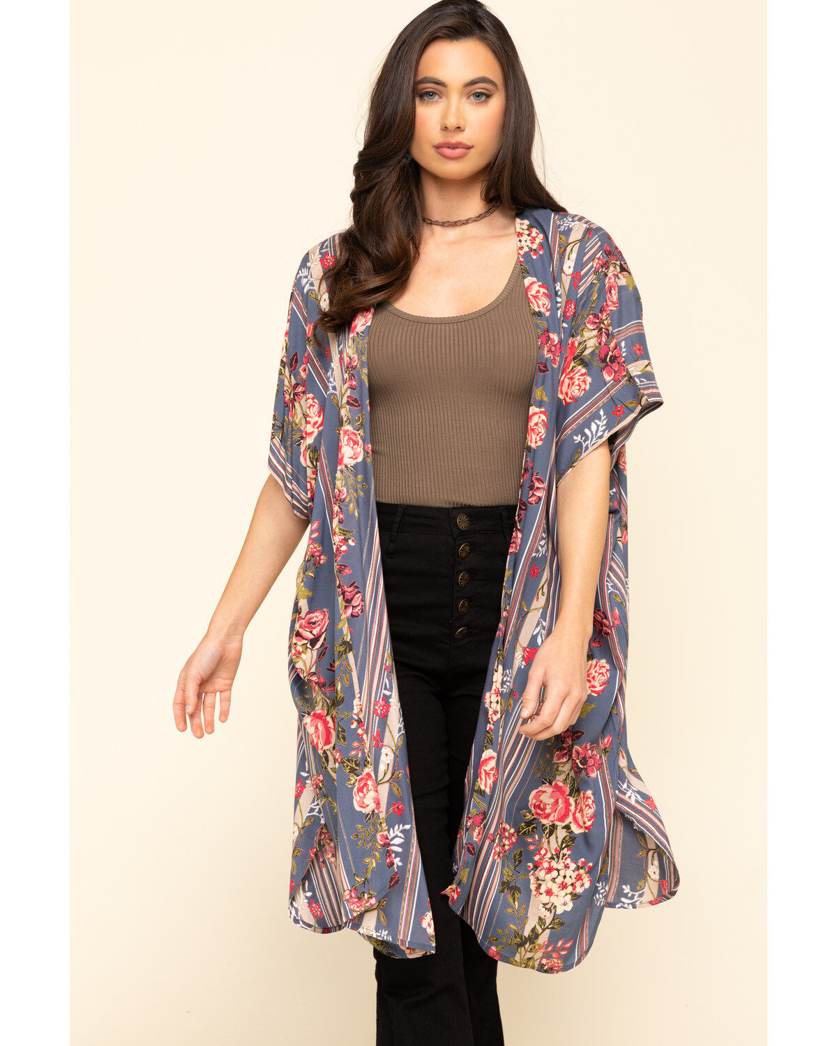 Image #4 - Angie Women's Stripe Floral Challis Kimono, , hi-res