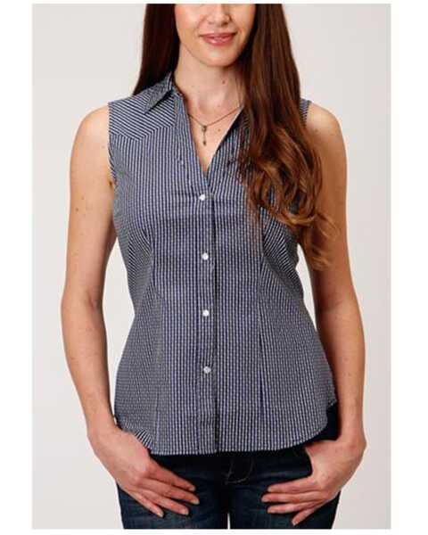 Roper Women's Amarillo Poplin Sleeveless Snap Western Shirt - Plus, Navy, hi-res