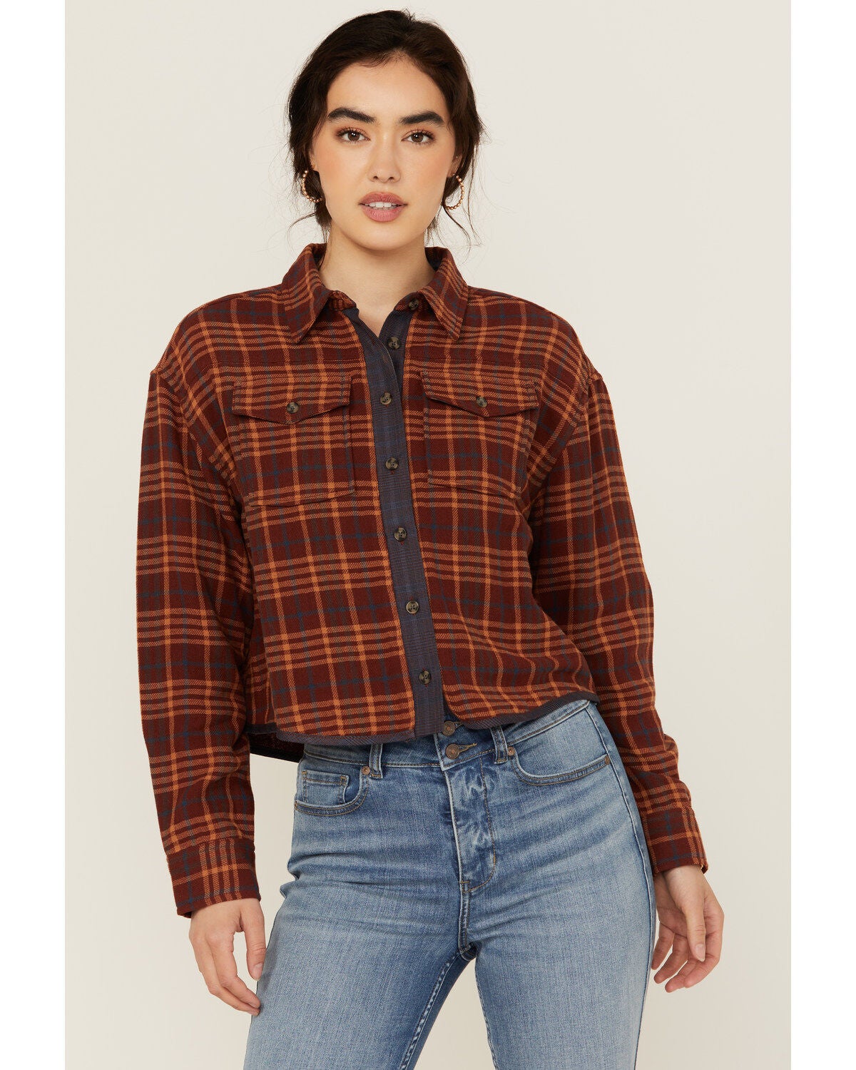 Cleo + Wolf Women's Chelsea Plaid Print Long Sleeve Button-Down Cropped Shirt, Brandy Brown, hi-res
