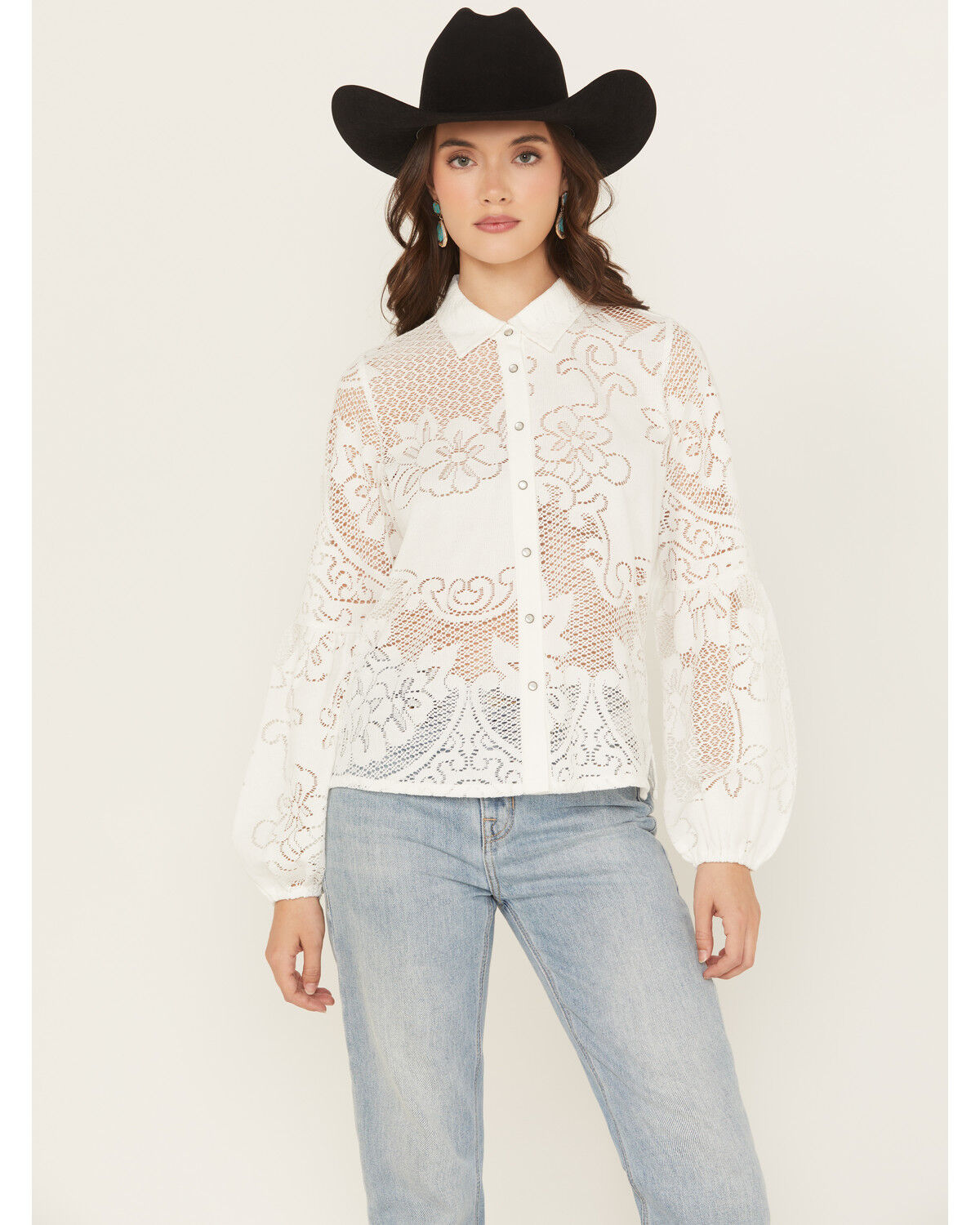 Image #1 - Shyanne Women's Fringe Long Sleeve Button-Down Lace Shirt, Ivory, hi-res