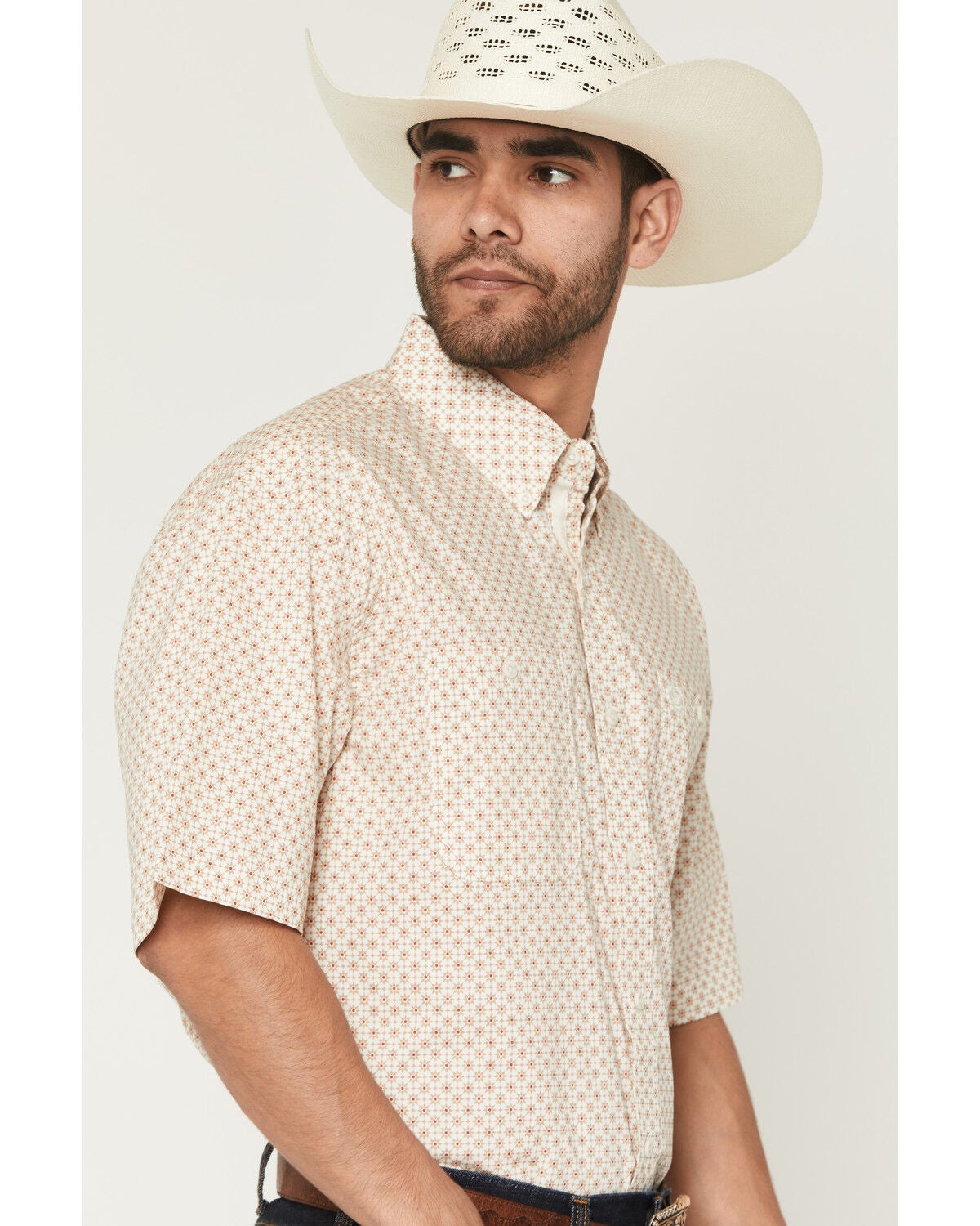 Image #2 - George Strait by Wrangler Men's Geo Print Short Sleeve Button-Down Stretch Western Shirt, Tan, hi-res