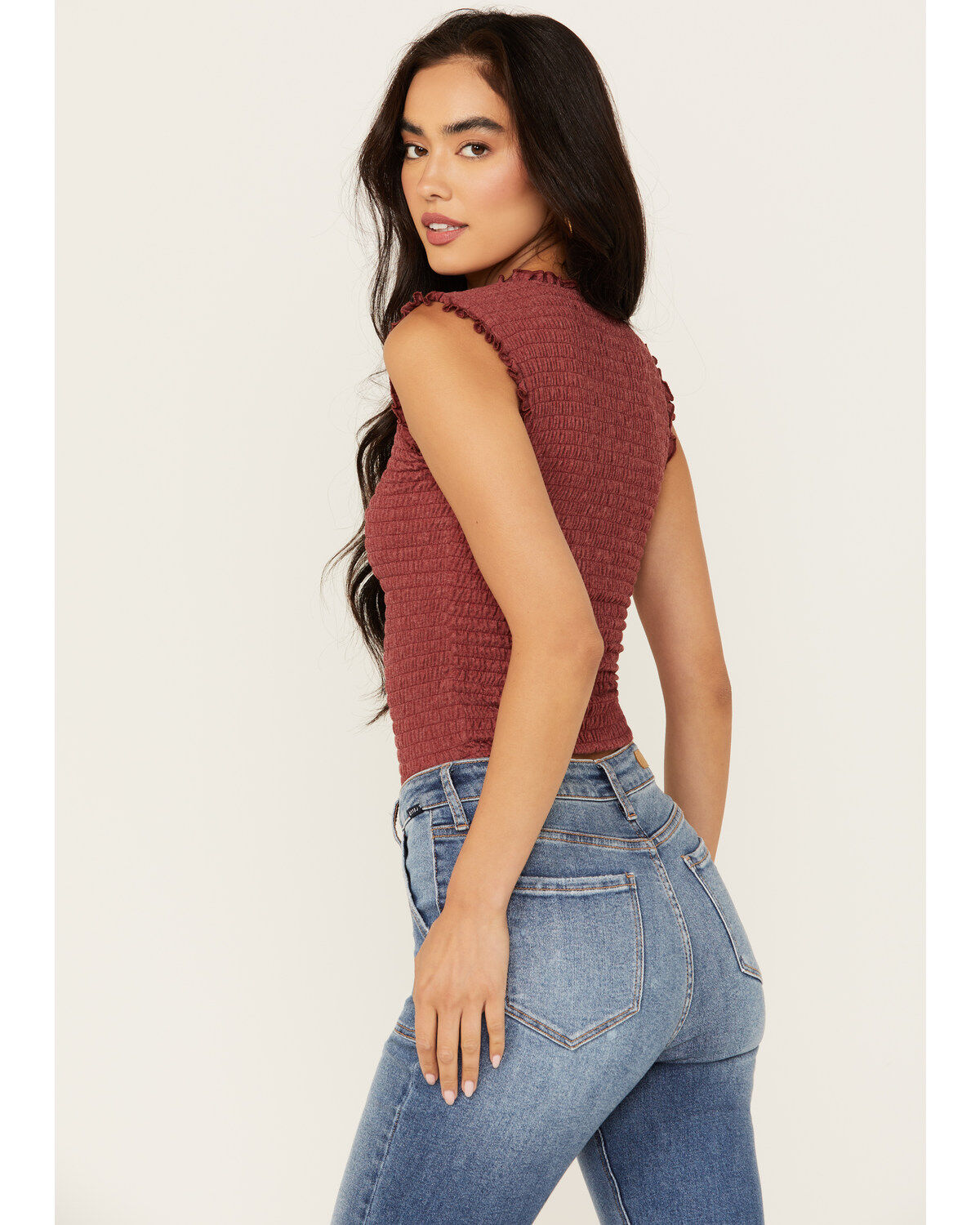 Image #4 - Shyanne Women's Smocked Ribbed Tank, Dark Red, hi-res