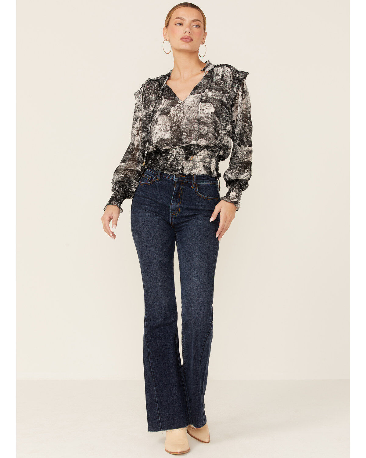 Image #2 - Revel Women's Toile Print Smocked Long Sleeve Top, Black, hi-res