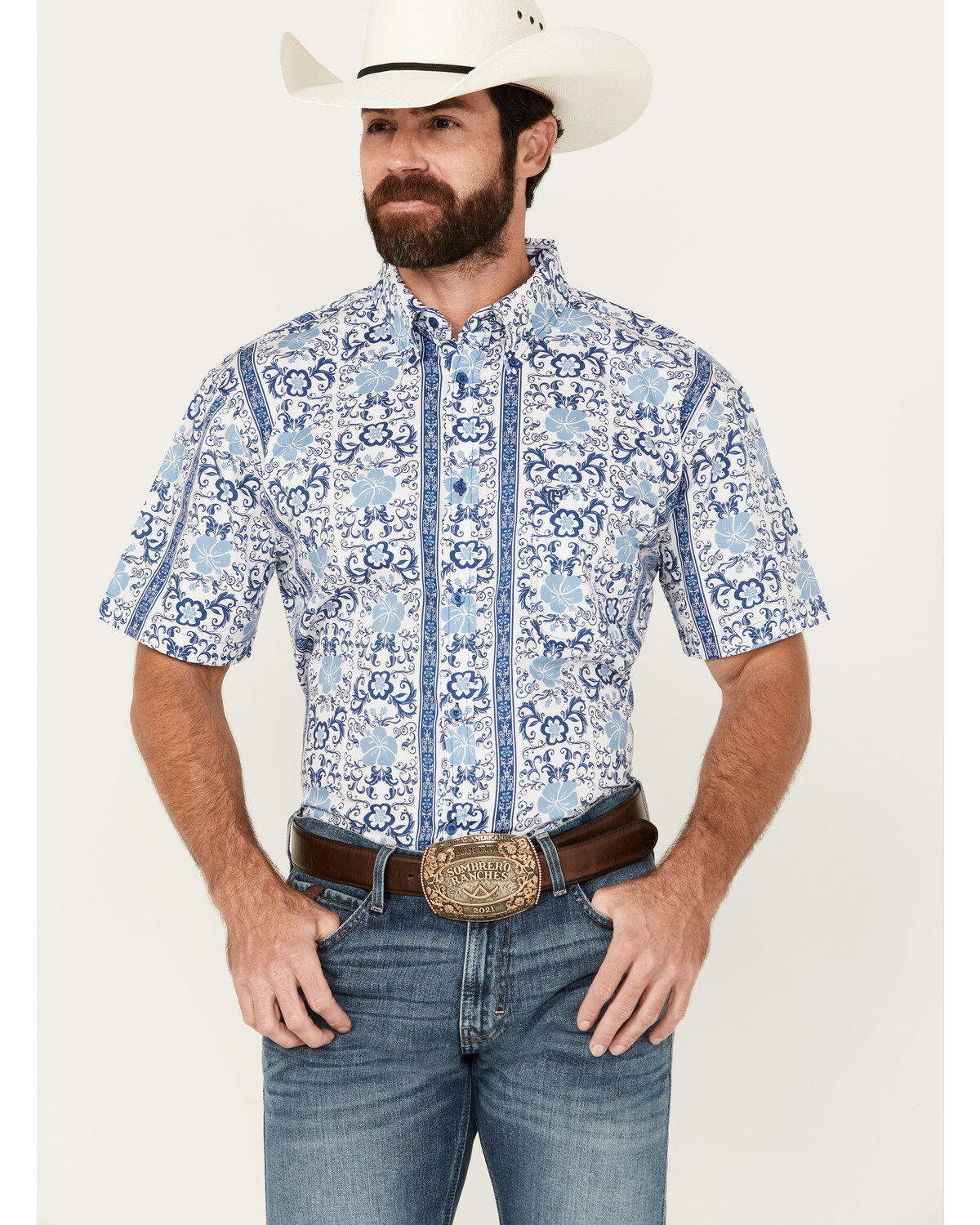 Image #1 - Cowboy Hardware Men's Hawaiian Floral Print Short Sleeve Button-Down Western Shirt, , hi-res