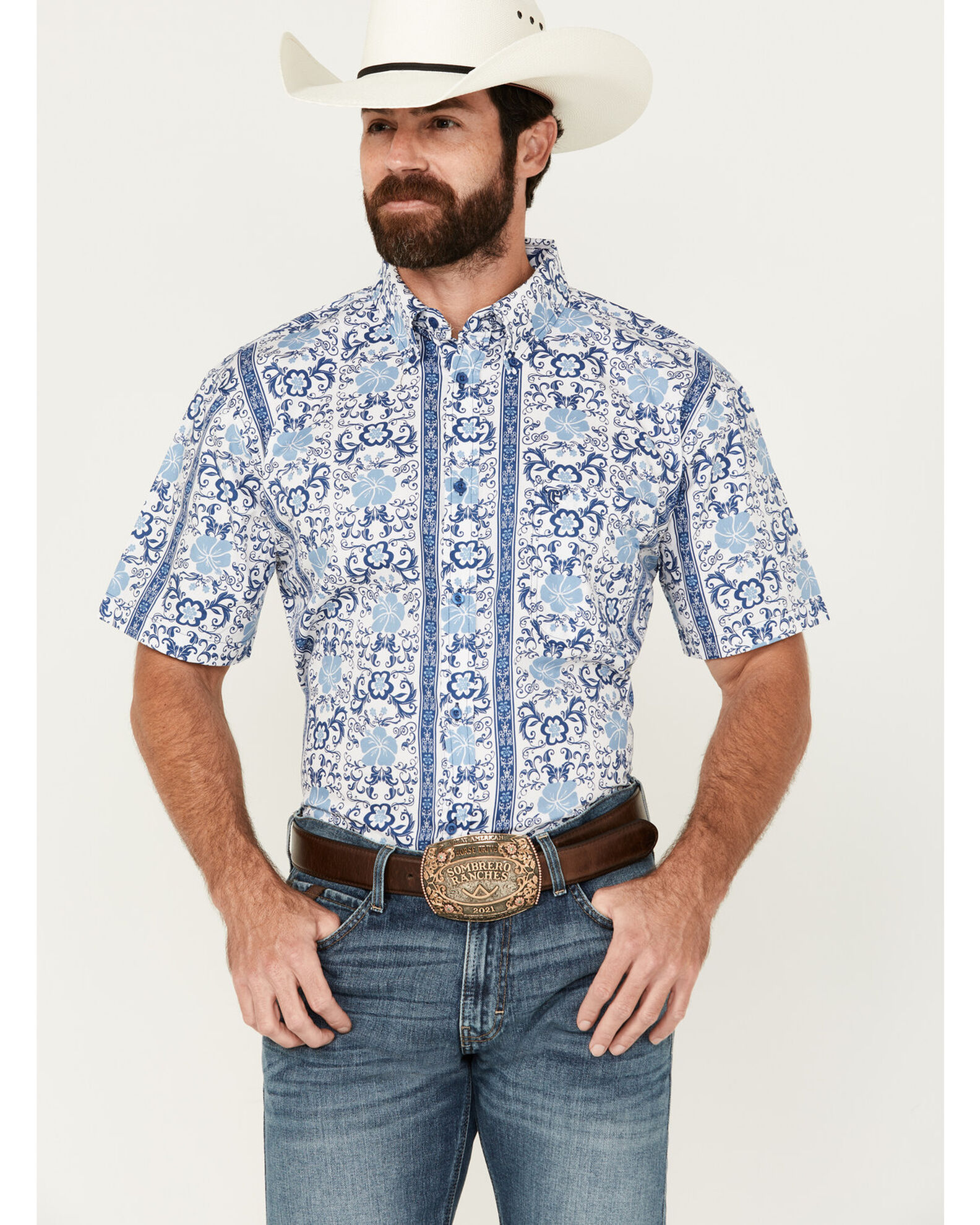 Cowboy Hardware Men's Hawaiian Floral Print Short Sleeve Button-Down Western Shirt