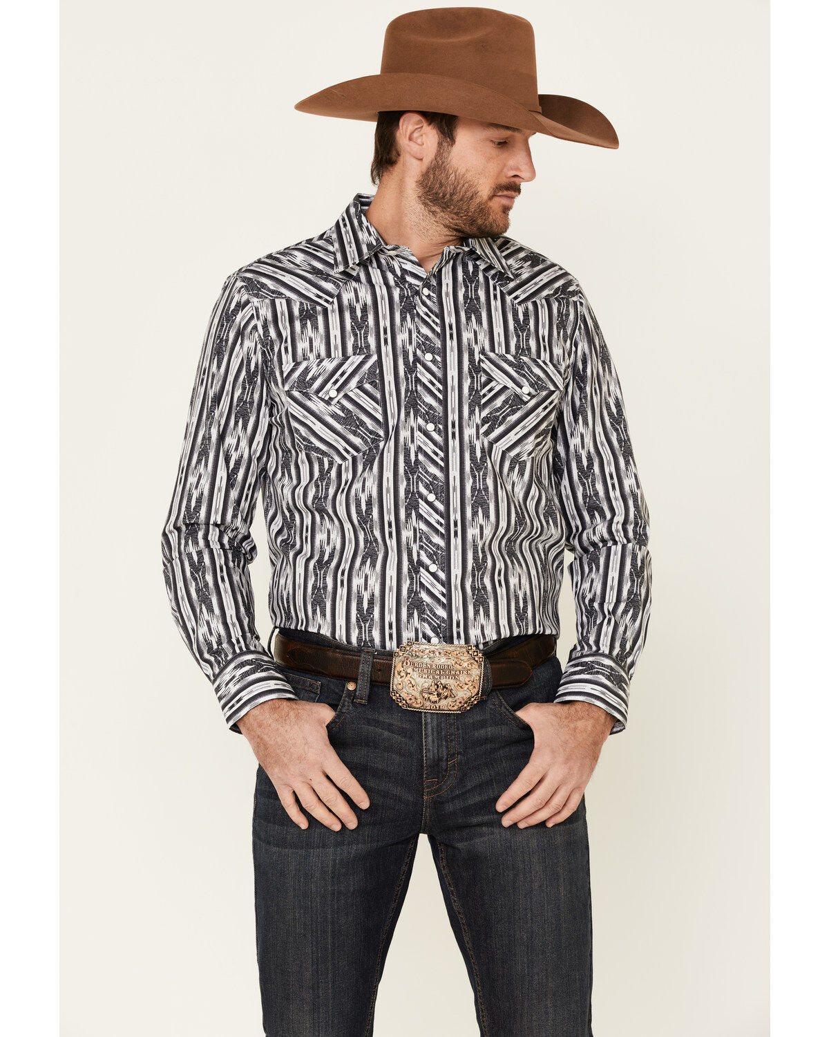 Image #1 - Rock & Roll Denim Men's Southwestern Striped Long Sleeve Snap Western Shirt, Black, hi-res