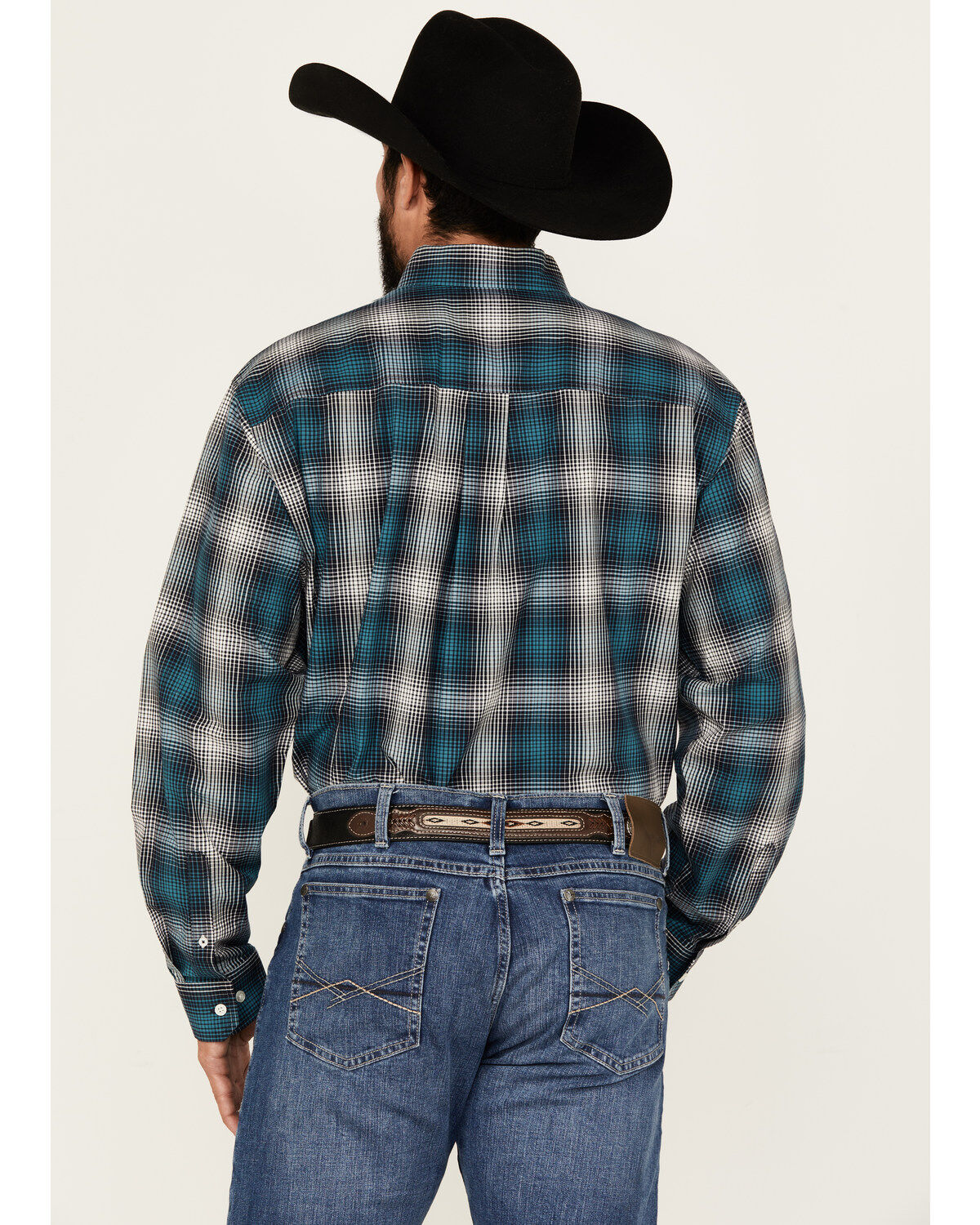 Image #4 - Cinch Men's Plaid Print Long Sleeve Button-Down Western Shirt, Teal, hi-res