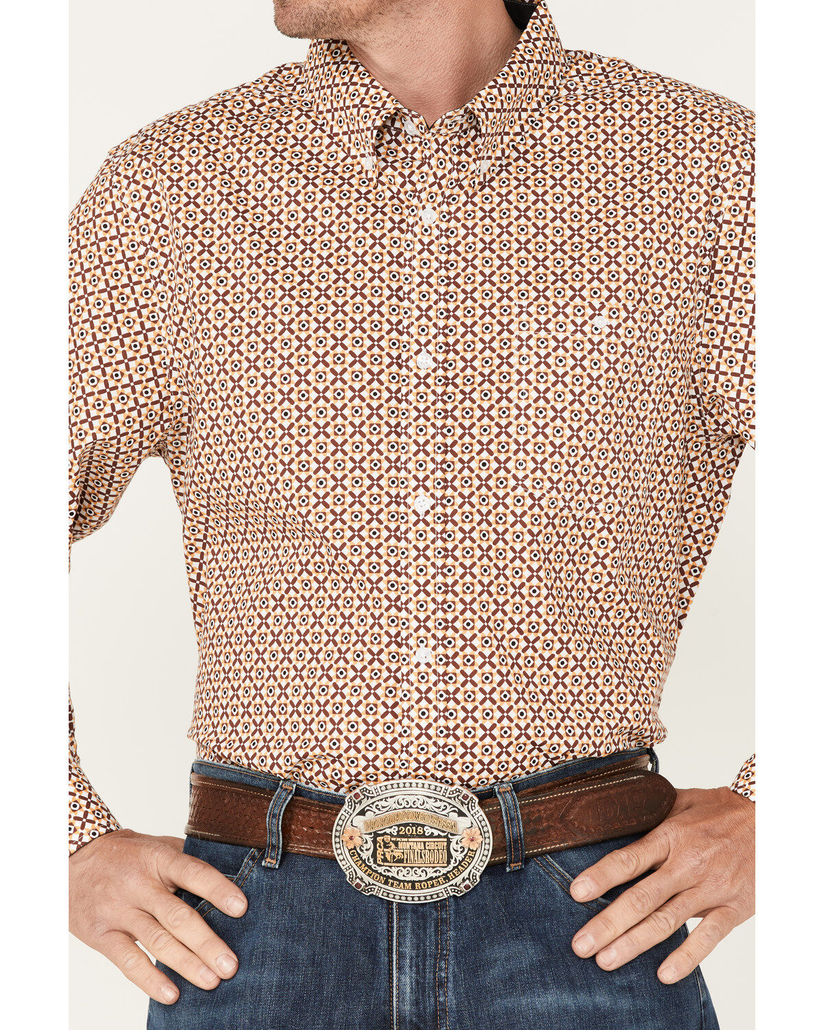 Image #3 - RANK 45® Men's Stirrup Geo Print Long Sleeve Western Button-Down Shirt, Light Red, hi-res