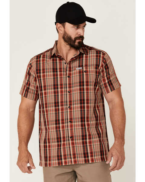 Image #1 - Columbia Men's Lakeside Trail Large Plaid Short Sleeve Button Down Western Shirt , Brown, hi-res