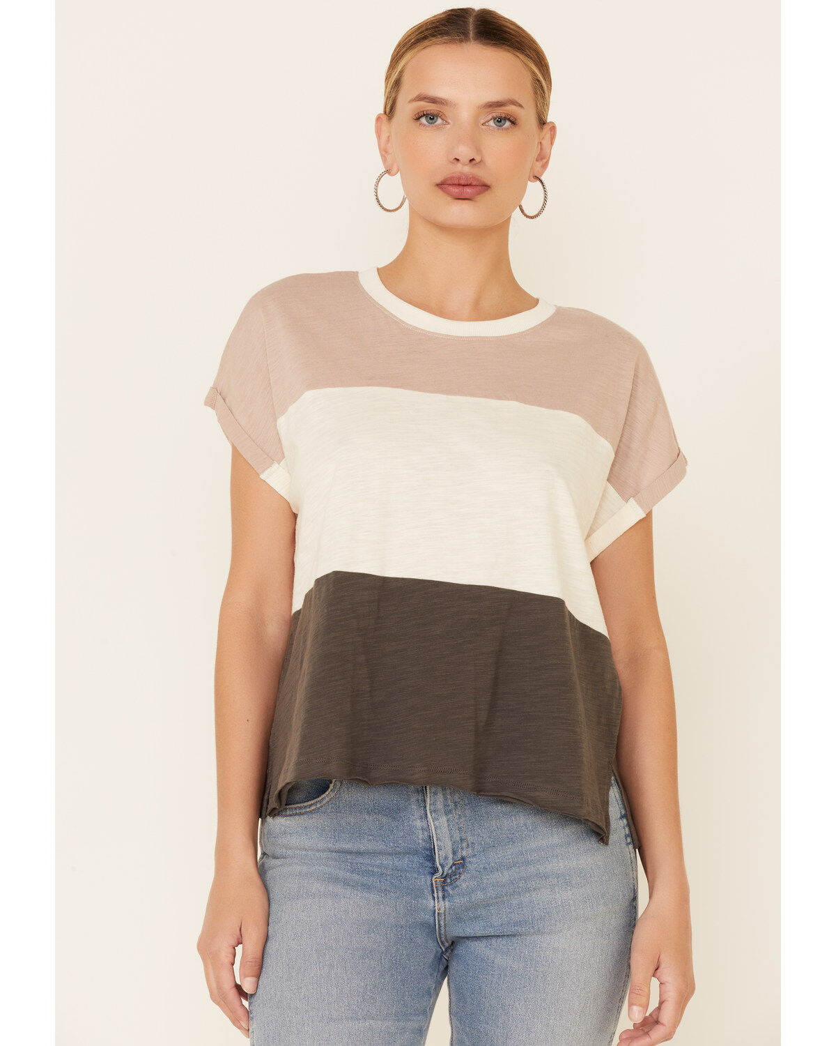 Image #1 - Wishlist Women's Wide Stripe Colorblock Dolman Short Sleeve Top, Taupe, hi-res