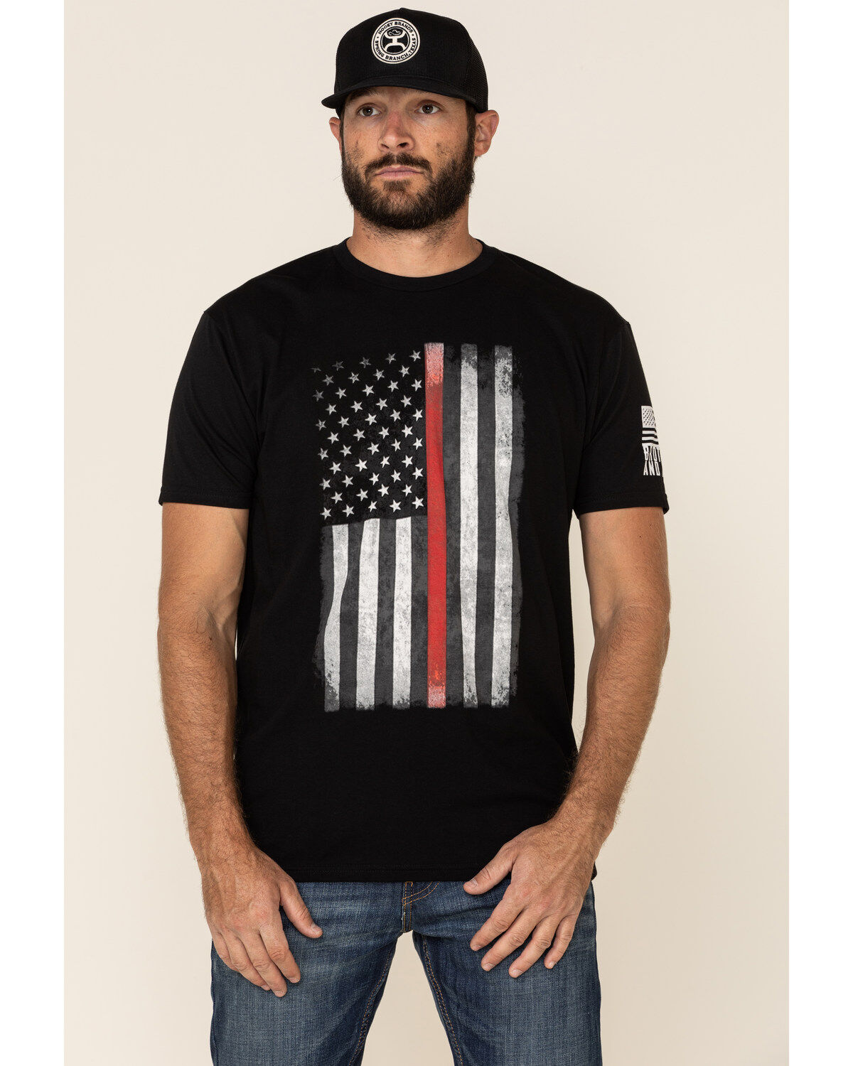 Image #2 - Brothers & Arms Men's Red Line Flag Graphic Short Sleeve T-Shirt, Black, hi-res