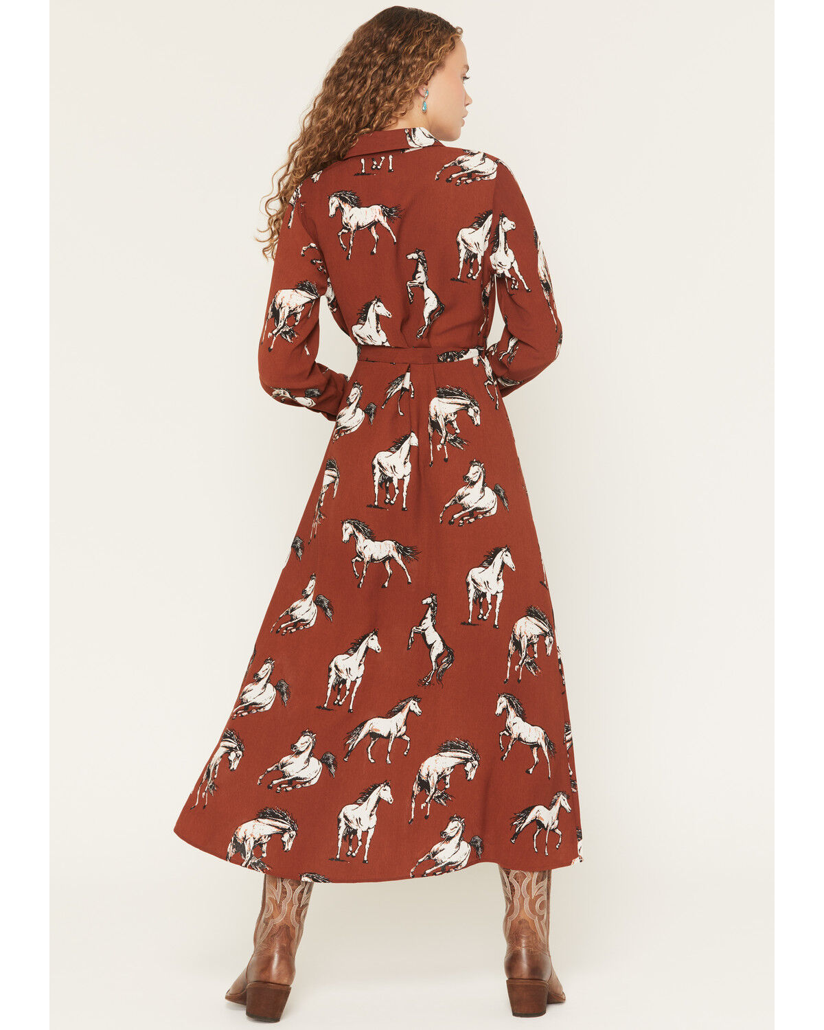 Cotton & Rye Women's Boot Barn Exclusive Horse Print Waist Tie Midi Dress