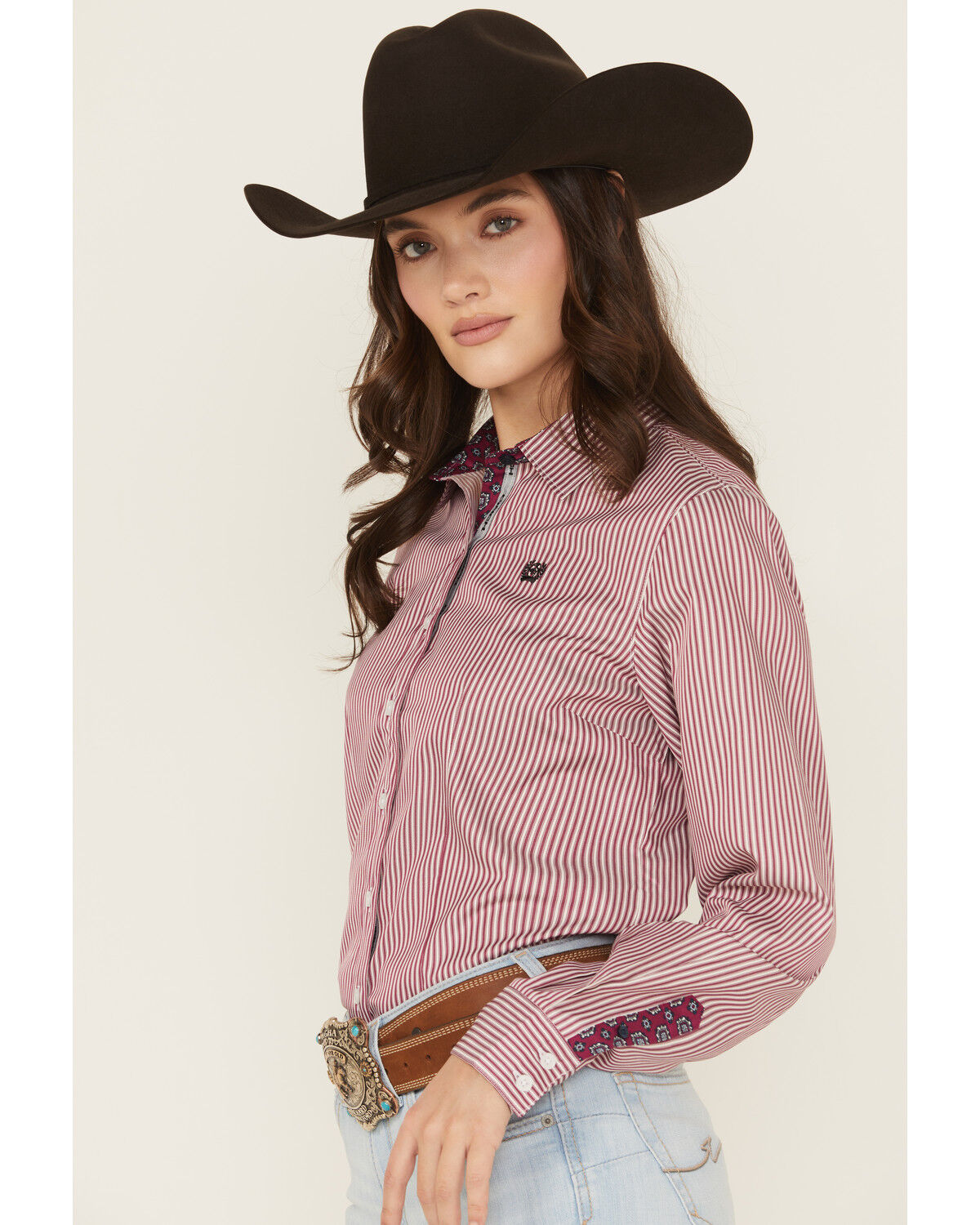 Image #2 - Cinch Women's Boot Barn Exclusive Striped Print Long Sleeve Button-Down Stretch Western Shirt, Burgundy, hi-res