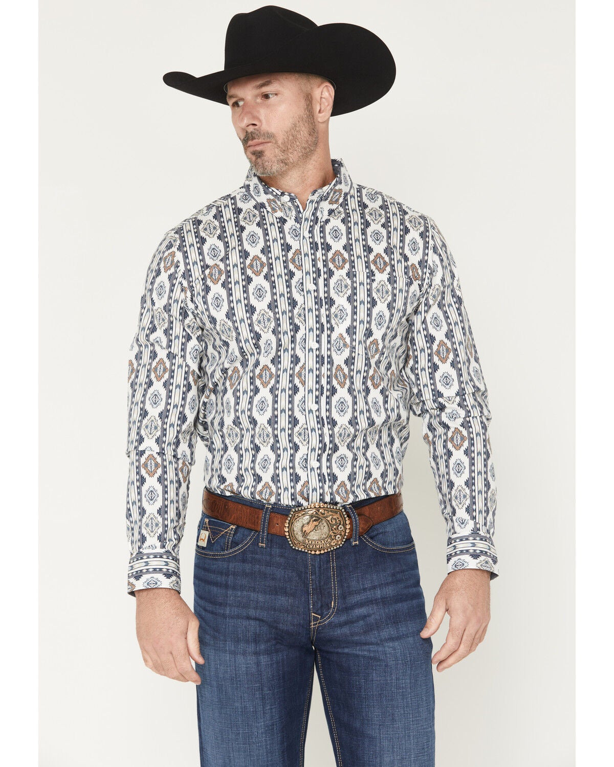 RANK 45&reg; Men's Runnin Outta Moonlight Southwestern Striped Long Sleeve Button-Down Stretch Western Shirt, Cream, hi-res
