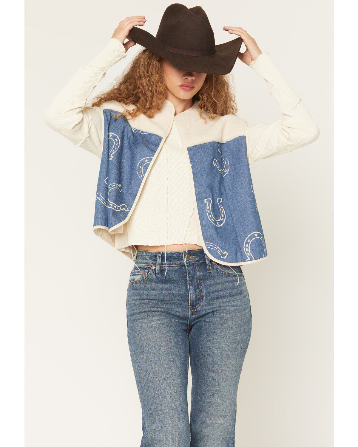 Fornia Women's Boot Barn Exclusive Sherpa Horseshoe Denim Vest, Cream, hi-res