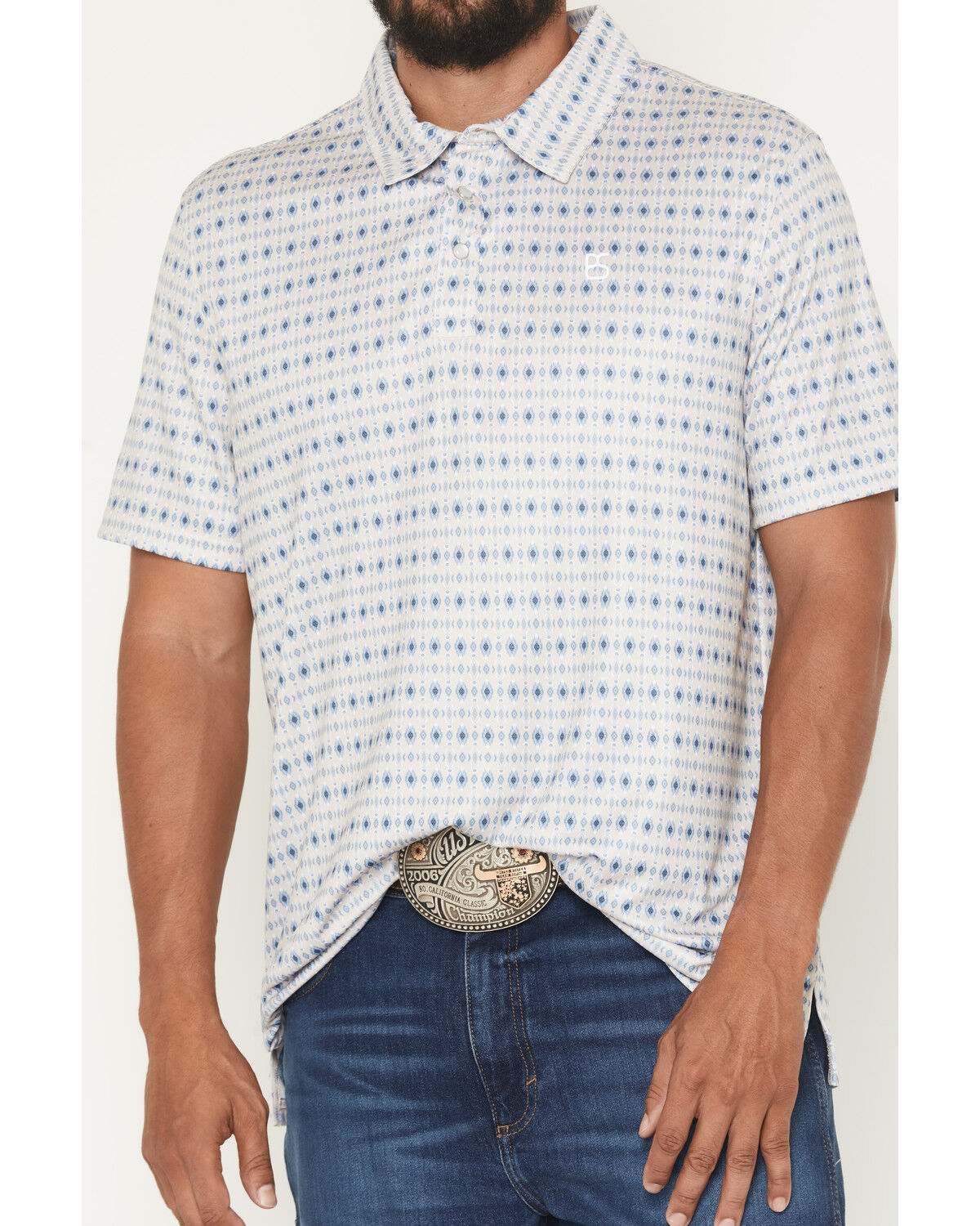 Image #3 - Panhandle Slim Men's Southwestern Print Short Sleeve Pearl Snap Performance Polo, Natural, hi-res