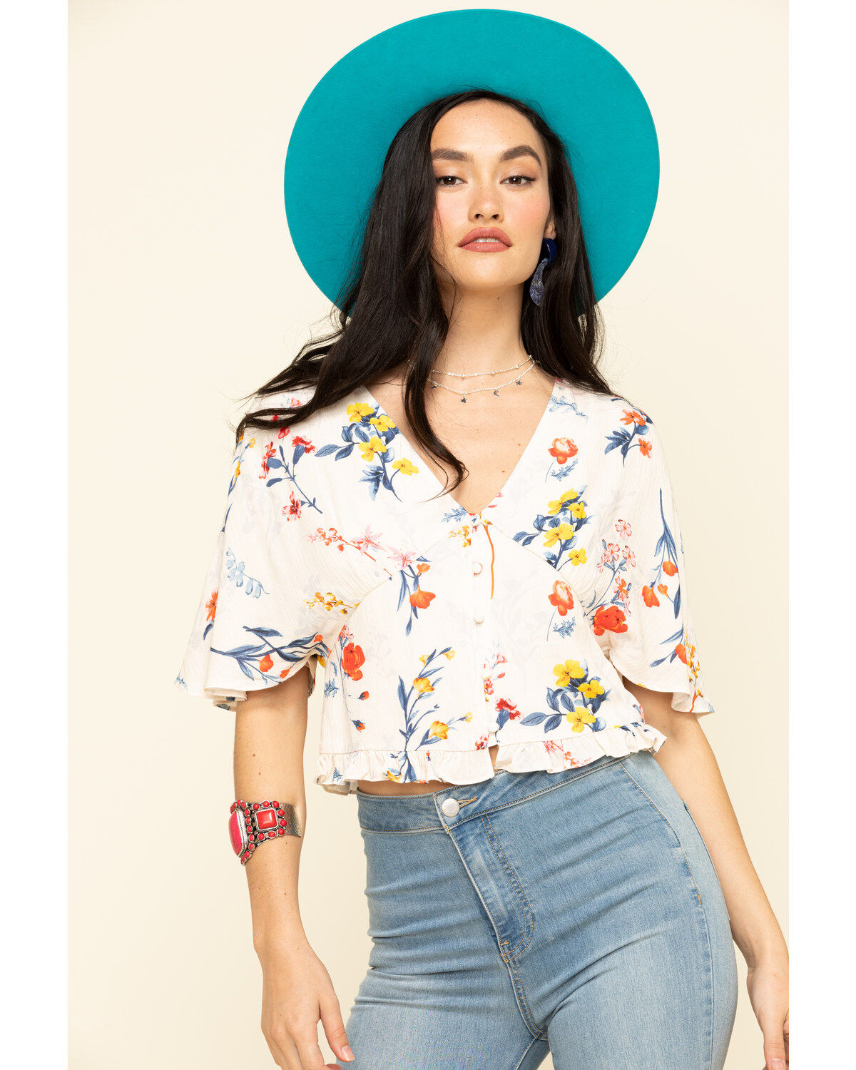 Image #1 - Miss Me Women's Cream Floral Button Down Ruffle Top, , hi-res
