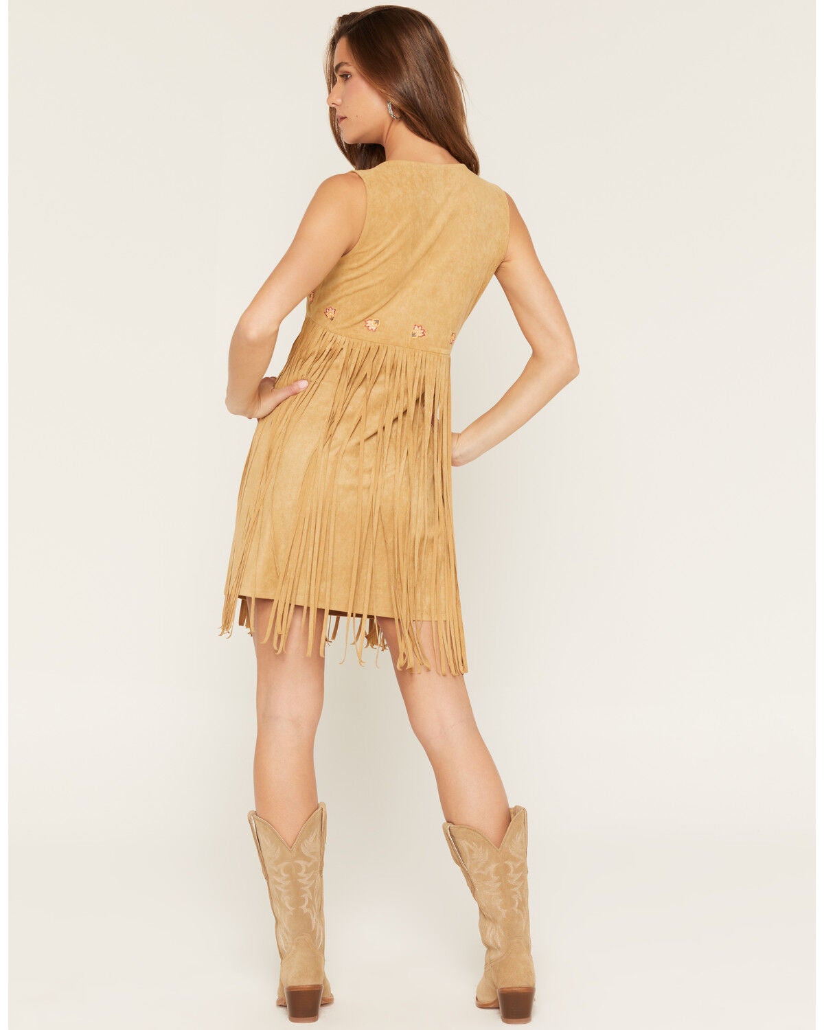 Image #4 - Shyanne Women's Embroidered Faux Suede Fringe Mini Dress, Wheat, hi-res