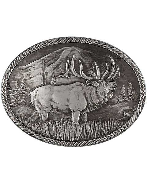 Image #1 - Montana Silversmiths Gunmetal Outdoor Series Wild Elk Carved Buckle, Silver, hi-res