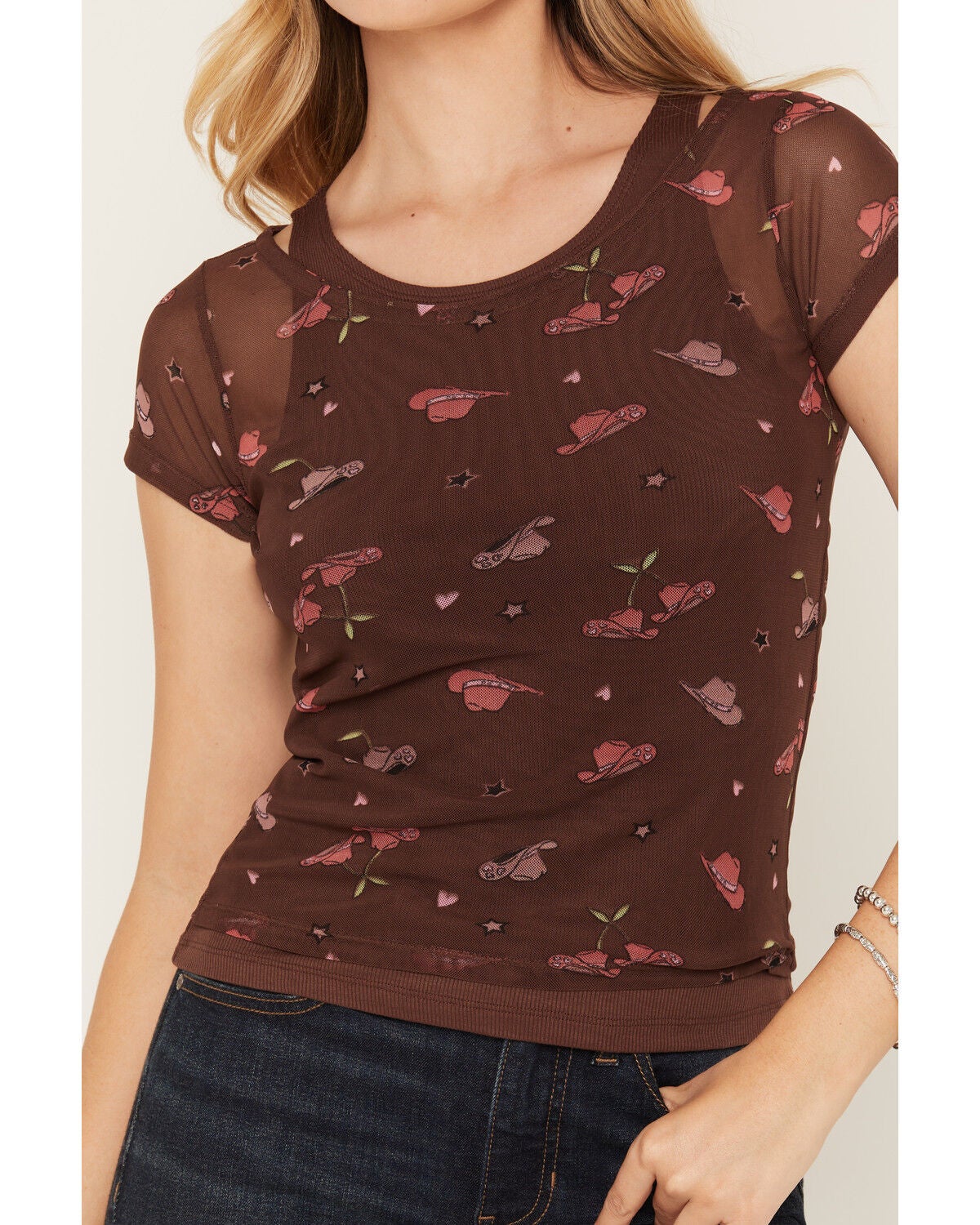 Image #3 - Wild Moss Women's Hat Print Mesh Short Sleeve Shirt, Brown, hi-res