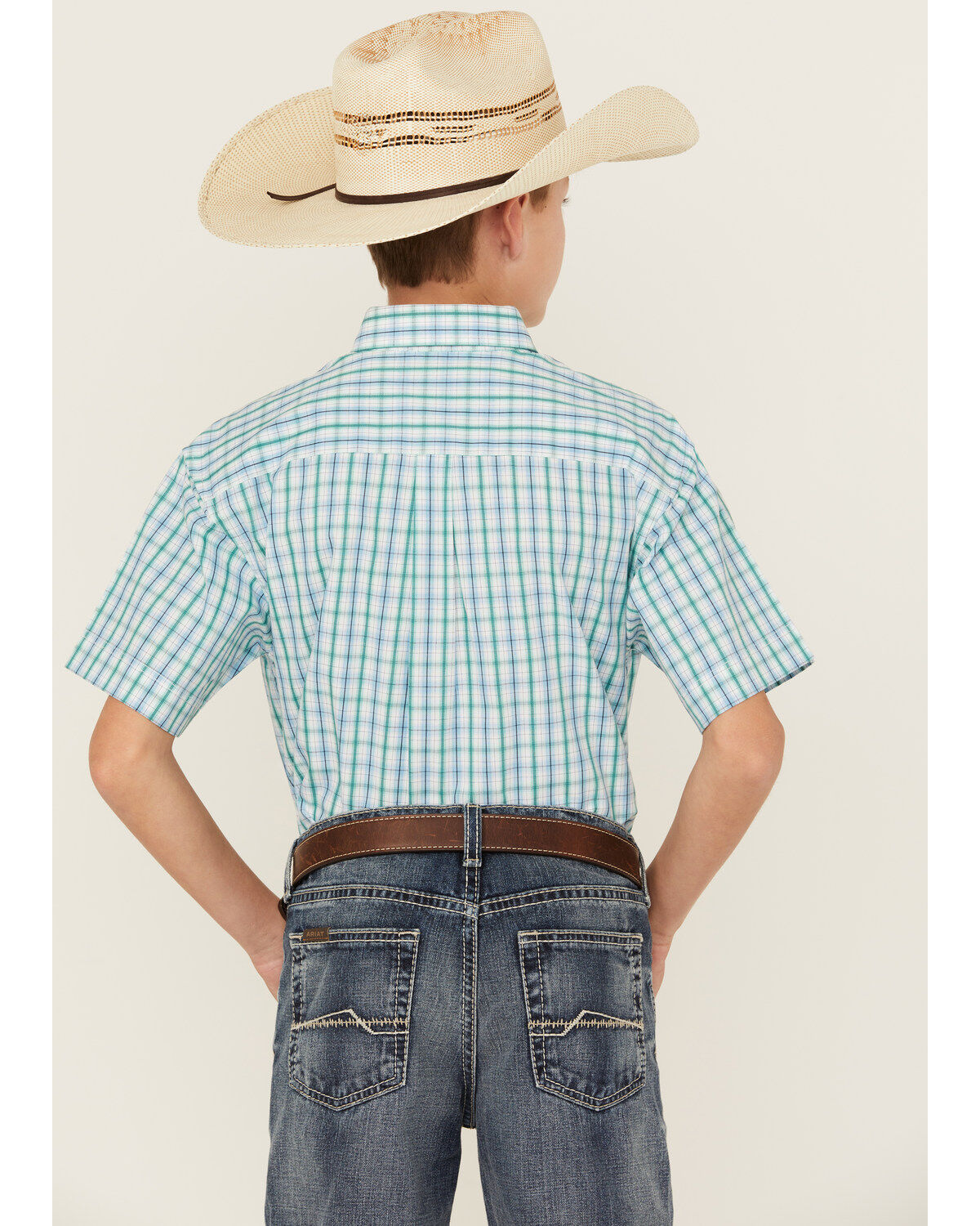 Image #4 - Panhandle Boys' Plaid Print Short Sleeve Button-Down Western Shirt, Aqua, hi-res