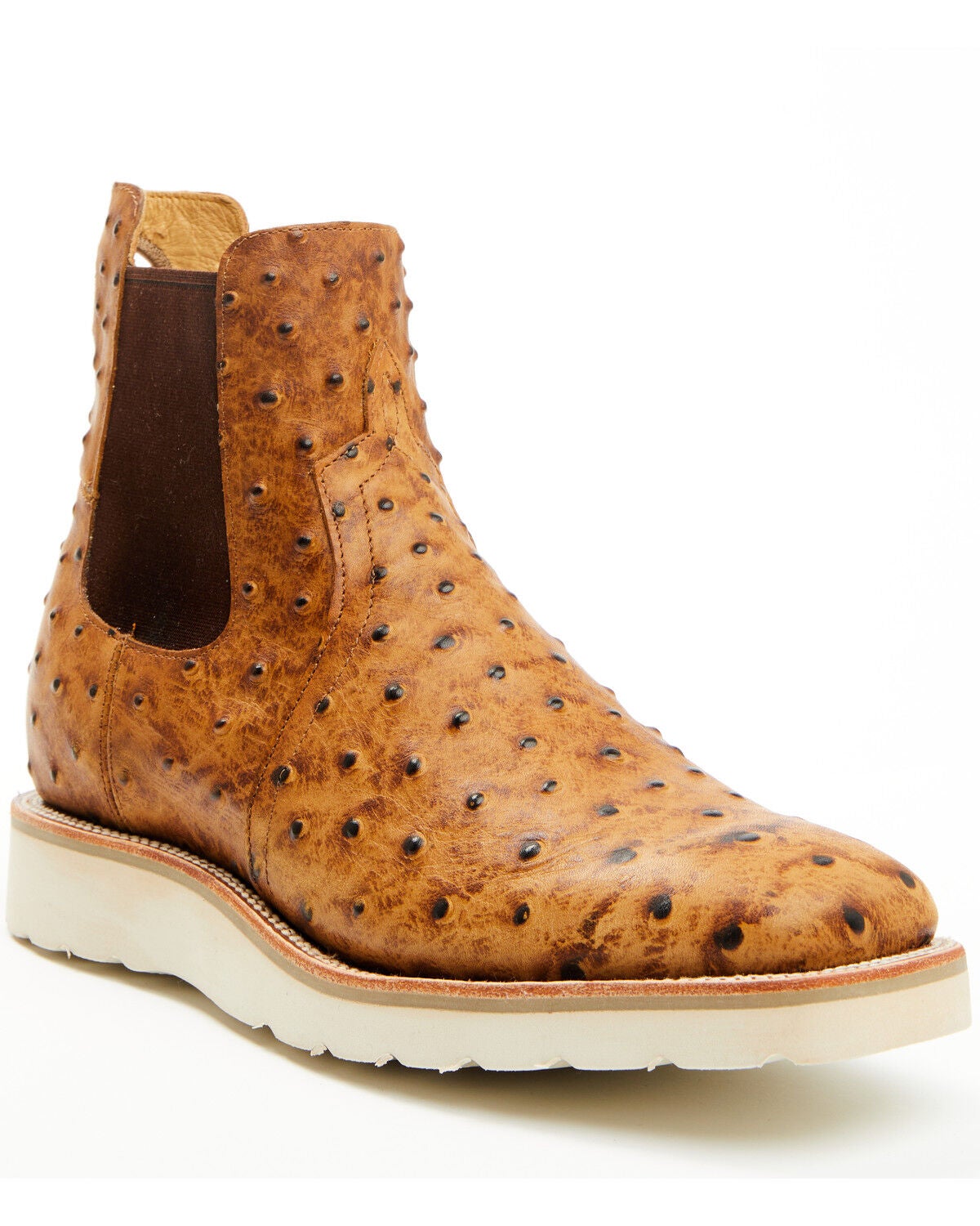 Horse Power Men's Saddle Ostrich Print Chelsea Boots - Square Toe, Tan, hi-res