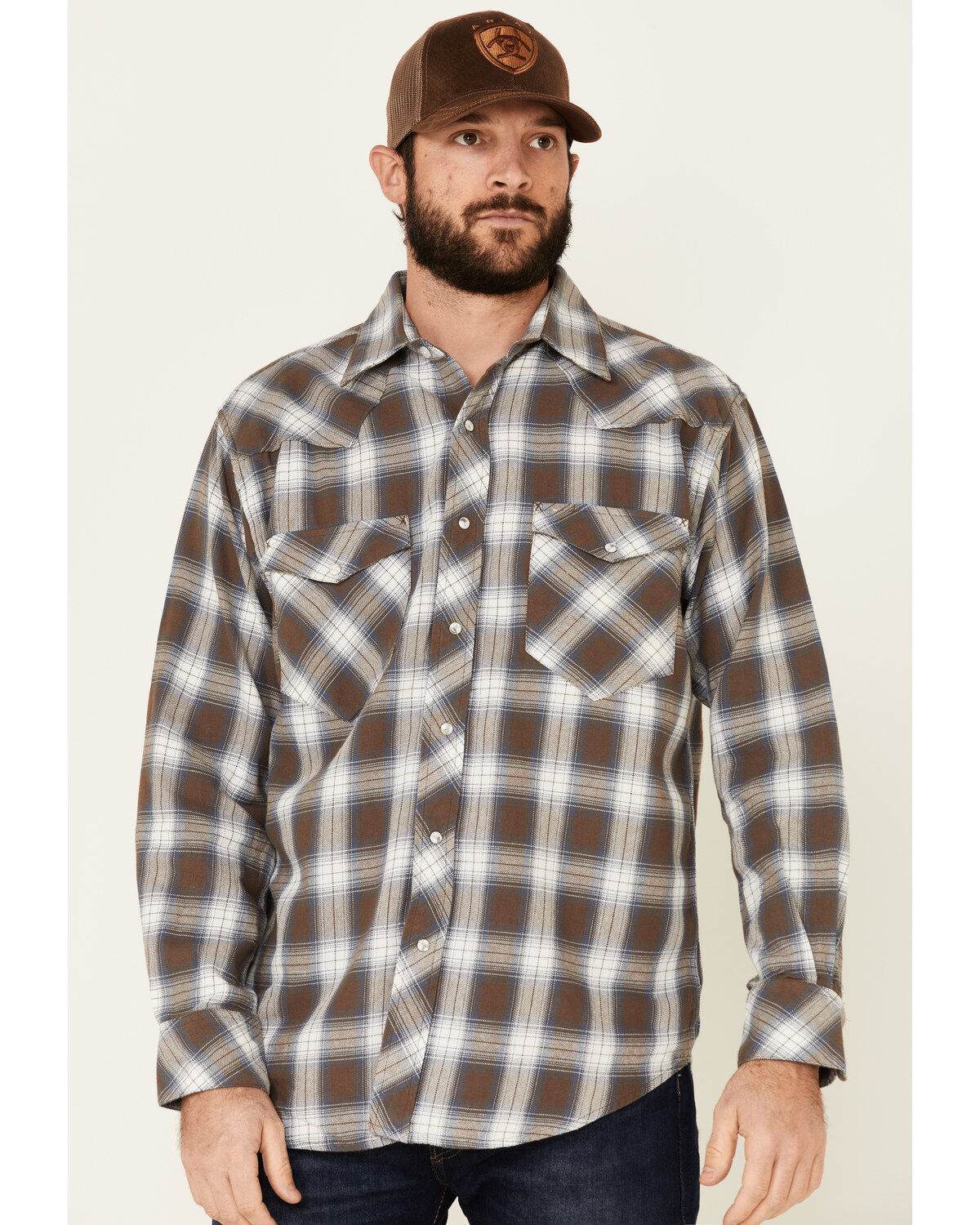 Image #1 - Resistol Men's Cedar Ombre Plaid Print Long Sleeve Snap Western Shirt, Brown, hi-res