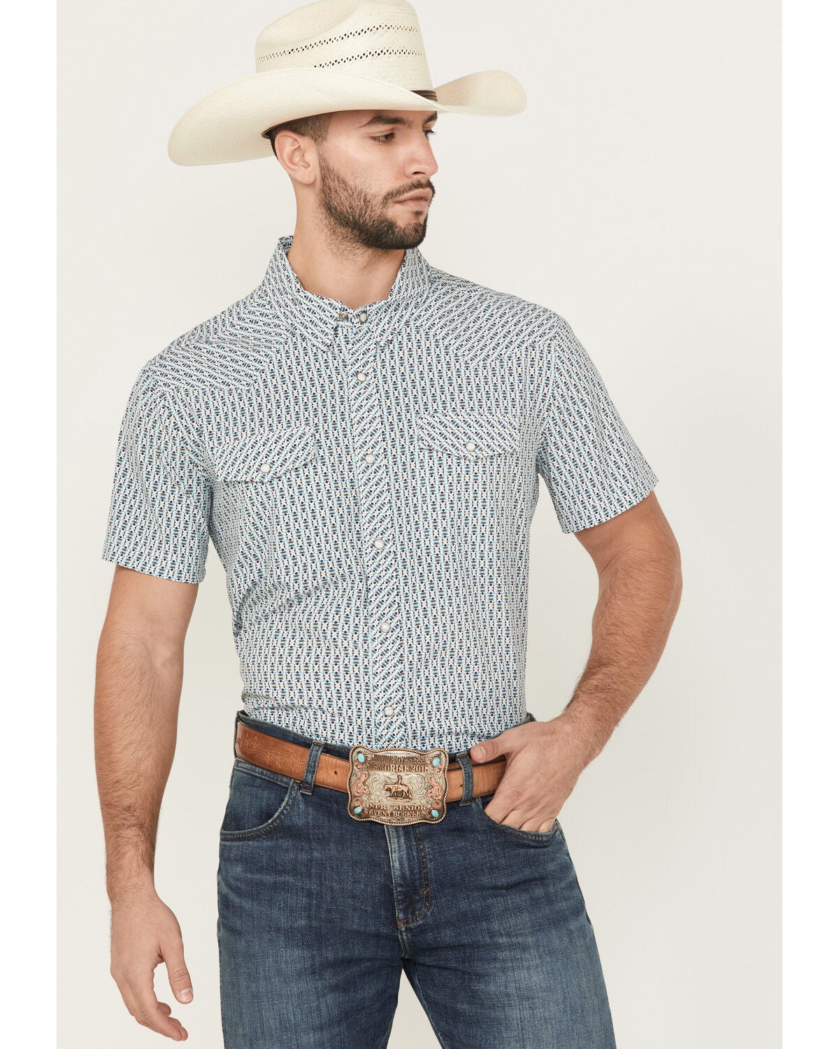 Panhandle Men's Geo Print Short Sleeve Snap Performance Western Shirt, Aqua, hi-res