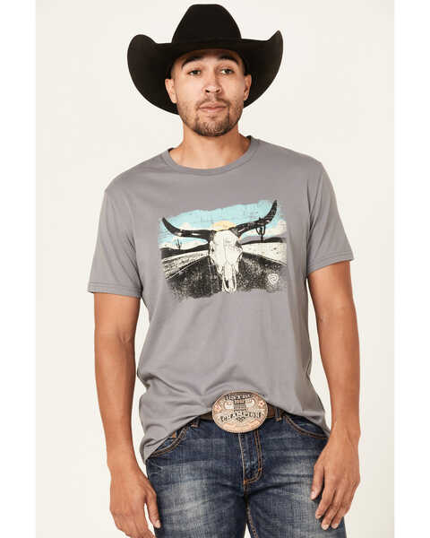 Panhandle Men's R&R Longhorn Graphic Print T-Shirt , Grey, hi-res