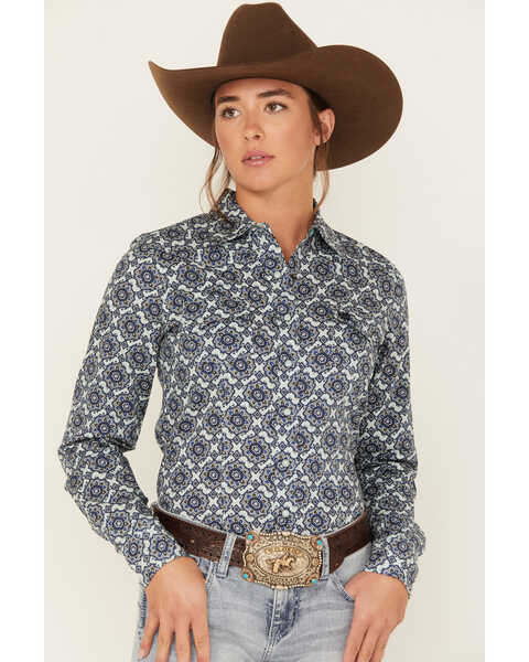 Cinch Women's Tile Print Long Sleeve Western Snap Shirt, Blue, hi-res