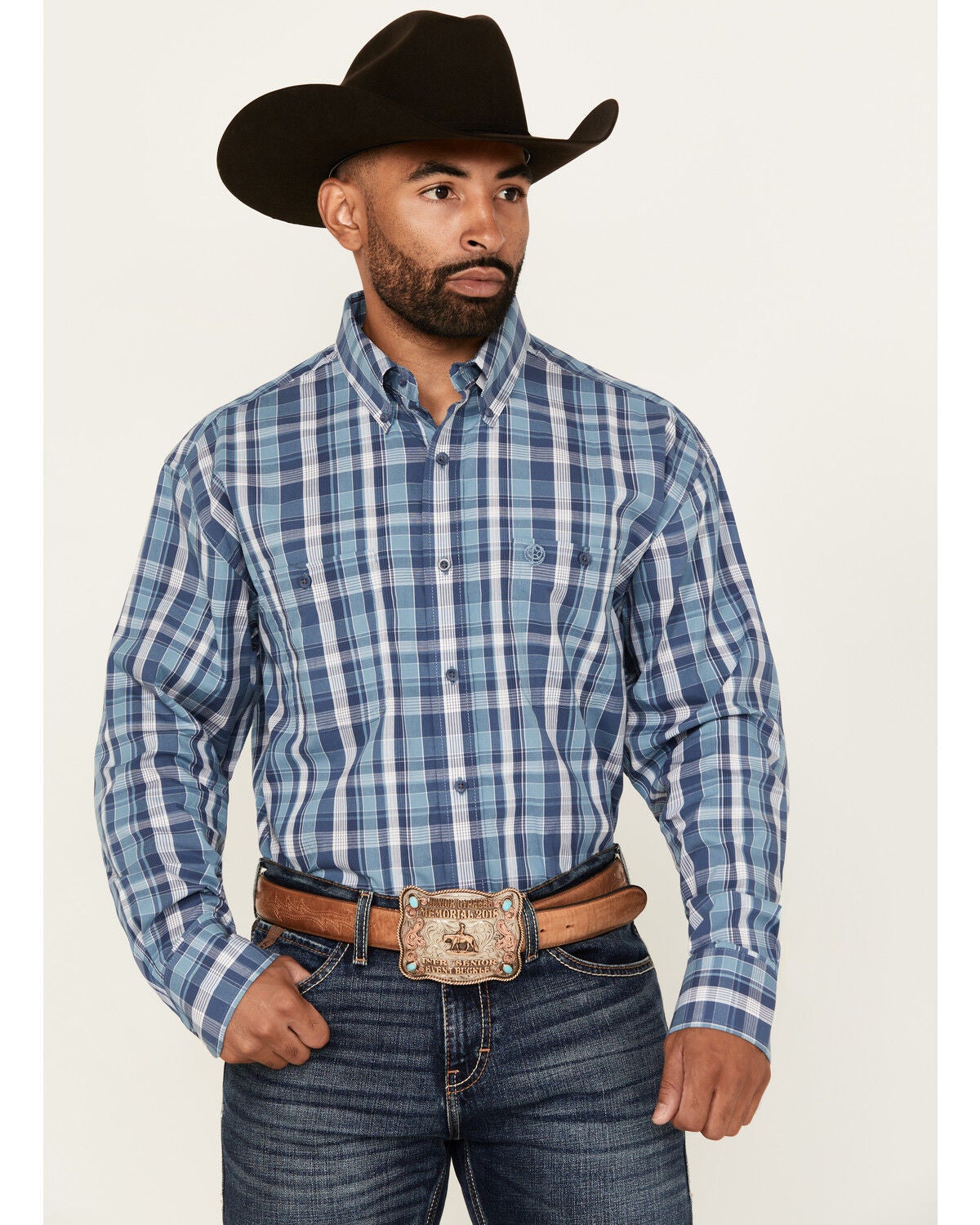 George Strait by Wrangler Men's Plaid Print Long Sleeve Stretch Western Shirt, Navy, hi-res