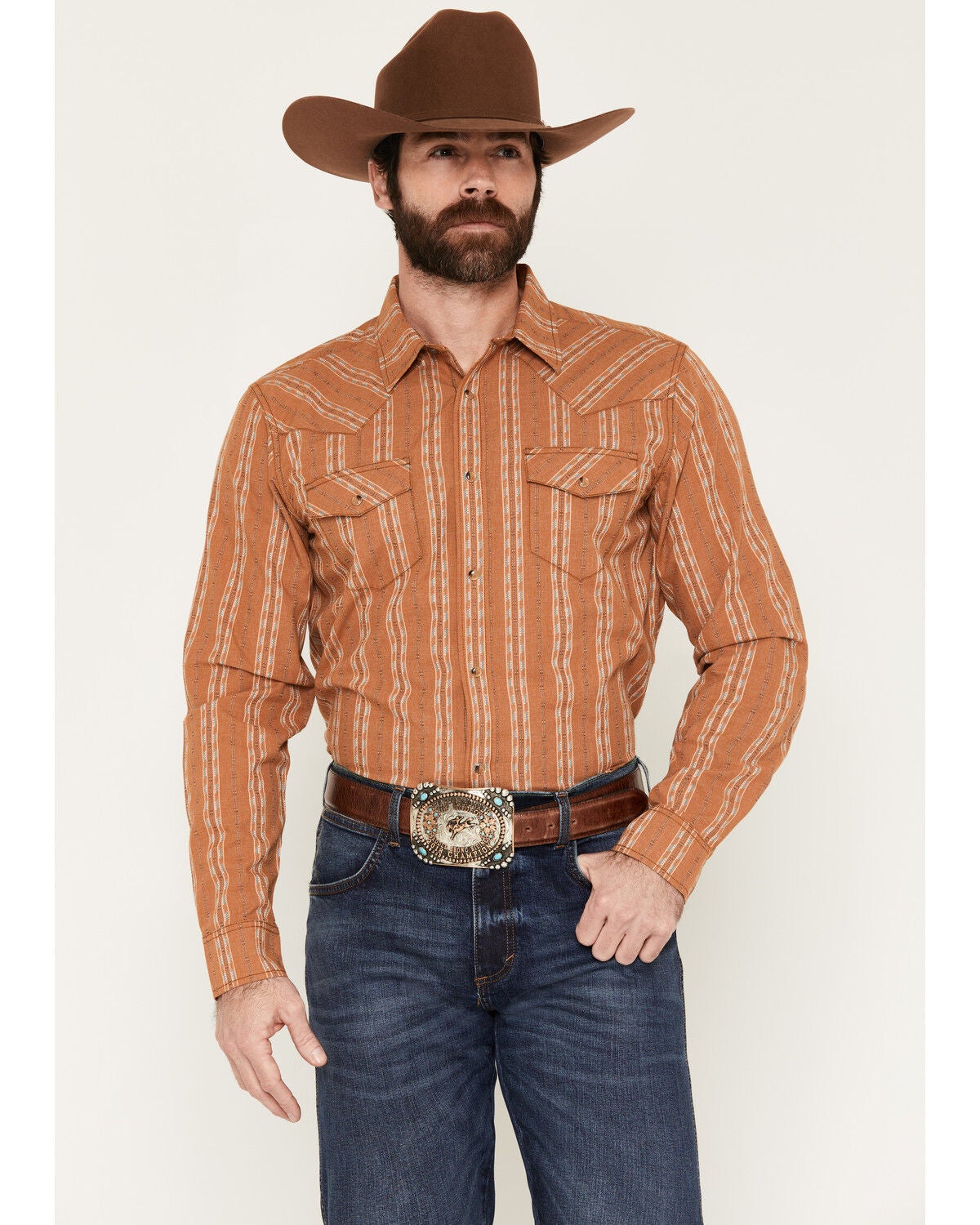 Gibson Trading Co Men's Red Rock Striped Print Long Sleeve Snap Western Shirt, Rust Copper, hi-res