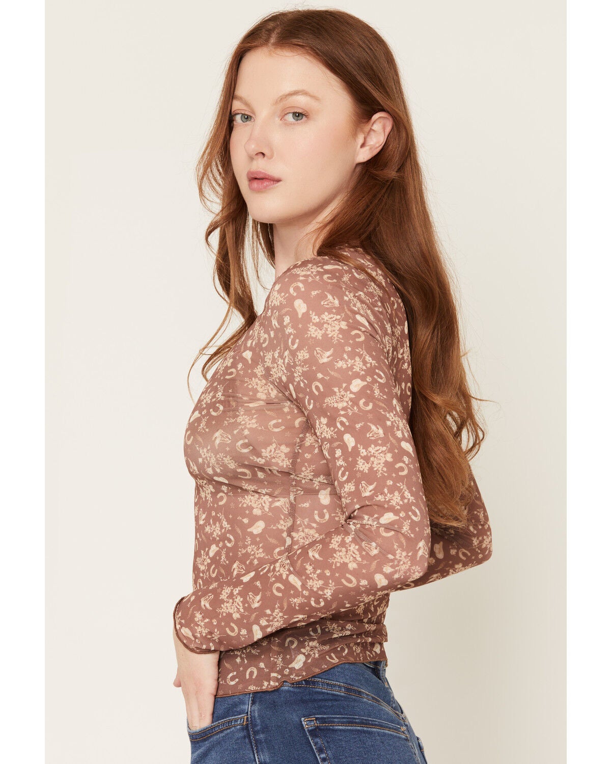 Image #2 - Trixxi Women's Scattered Icon Print Long Sleeve Mesh Top, Brown, hi-res