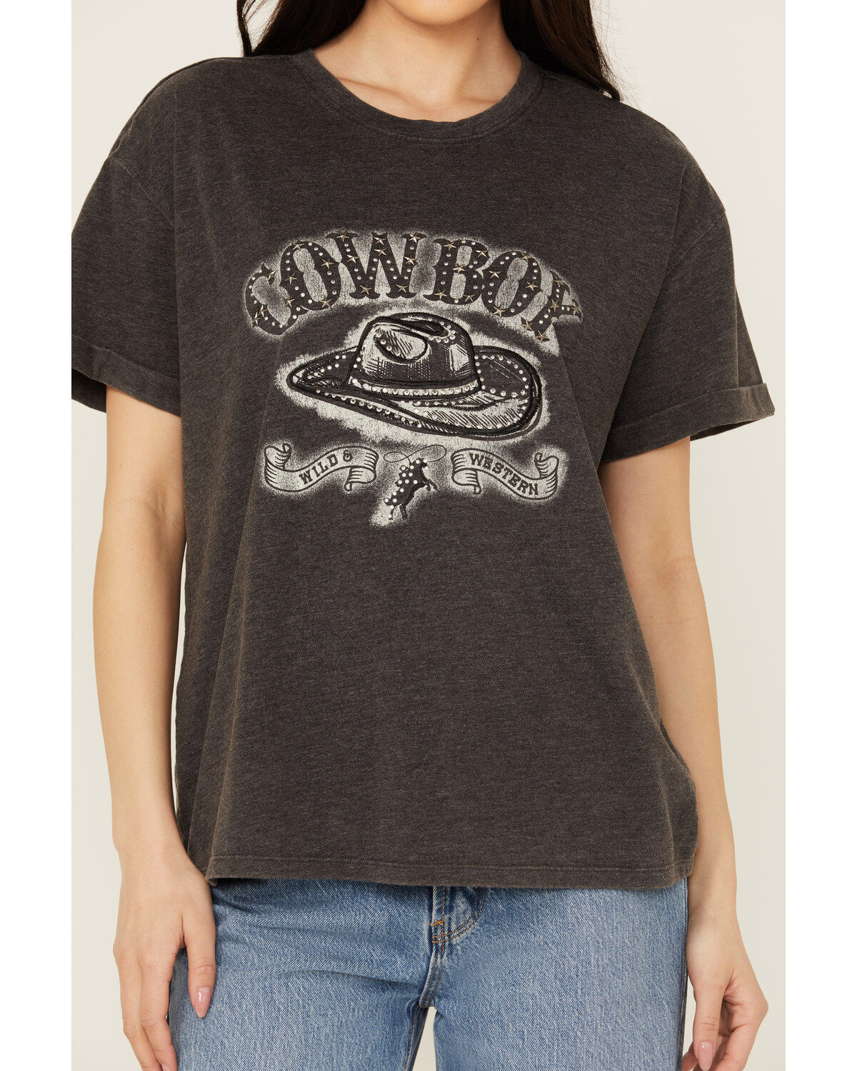 Image #3 - Blended Women's Cowboy Embroidered Graphic T-Shirt, Black, hi-res