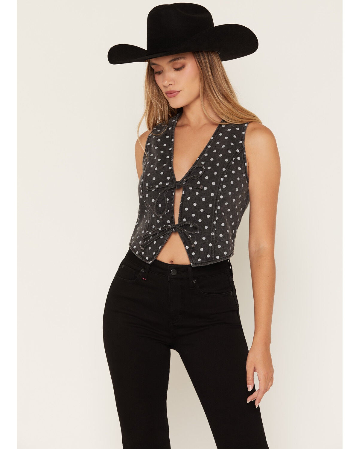 Image #2 - Ashley Women's Boot Barn Exclusive Polka Dot Print Tie-Front Denim Vest, Black, hi-res