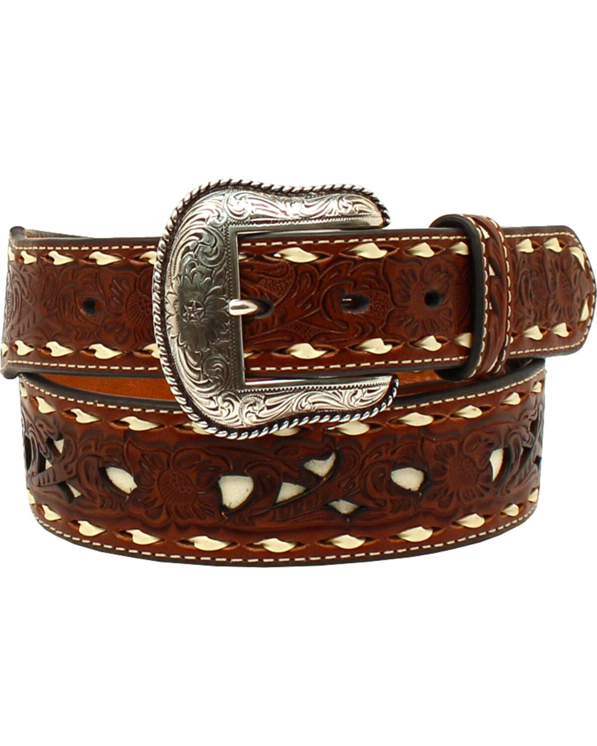 Image #1 - Nocona Men's Lacing Embossed Floral Contrast Western Belt, Tan, hi-res