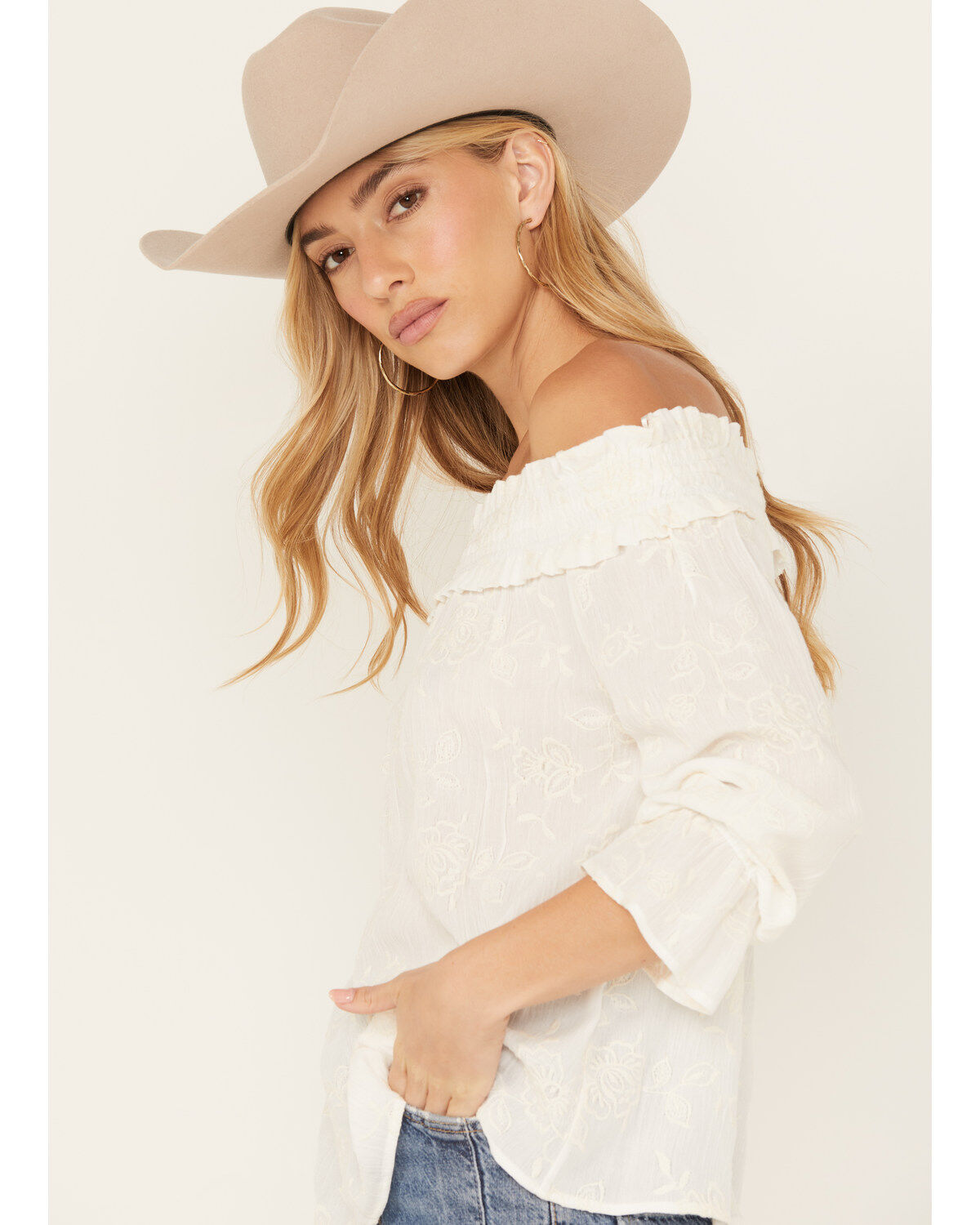 Image #2 - Wild Moss Women's Embroidered Floral Off The Shoulder Long Sleeve Top, Ivory, hi-res