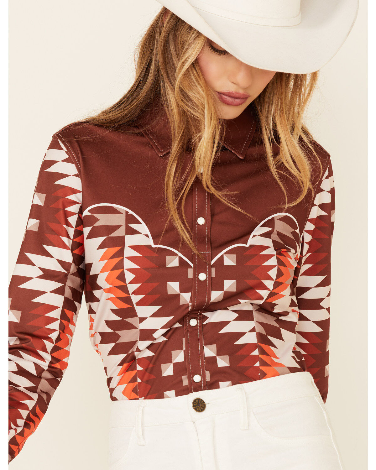 Image #2 - Ranch Dress'n Women's Southwestern Bandera Print Long Sleeve Snap Western Shirt, Rust Copper, hi-res