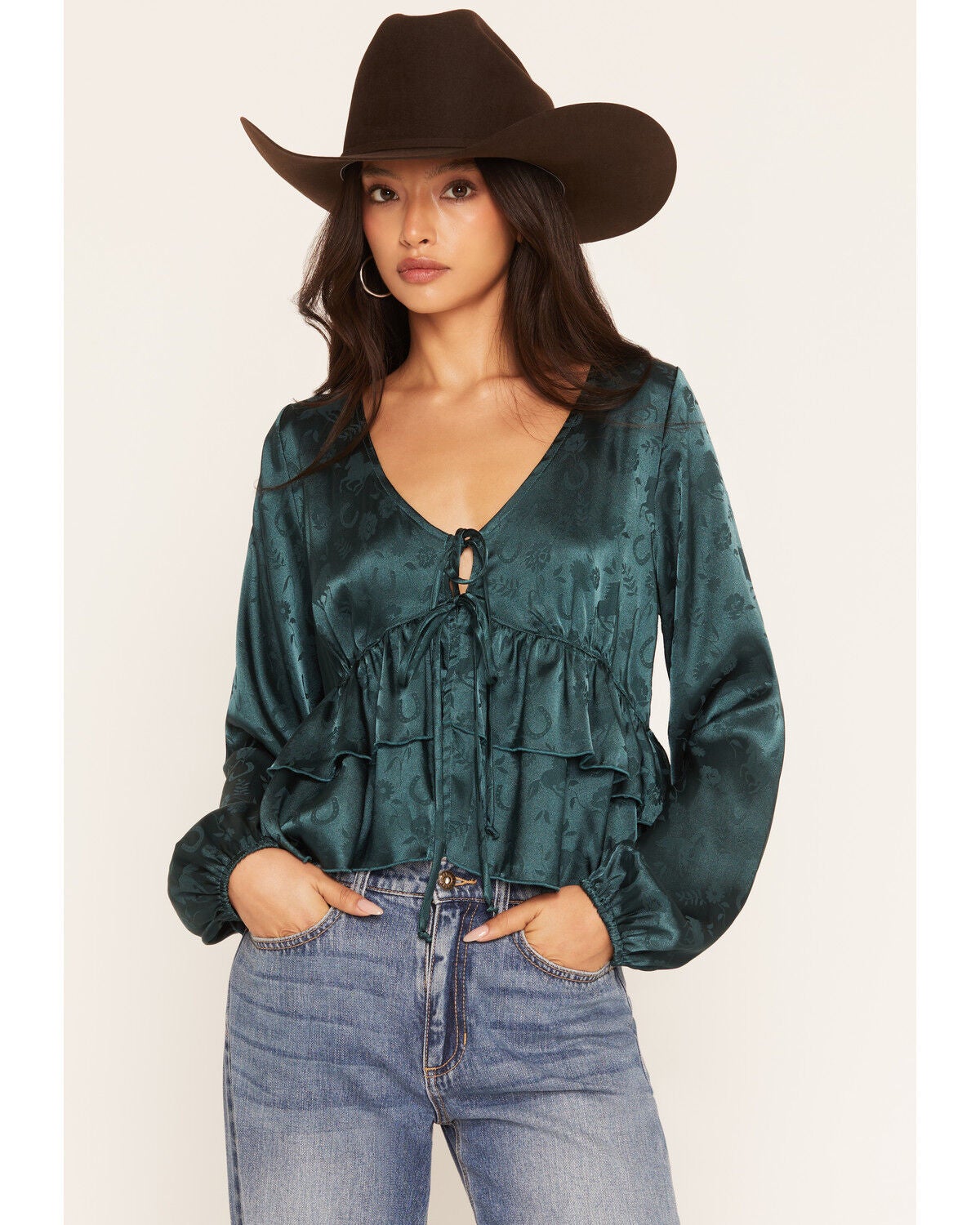 Image #1 - Wild Moss Women's Western Jacquard Front Tie Blouse, Blue, hi-res
