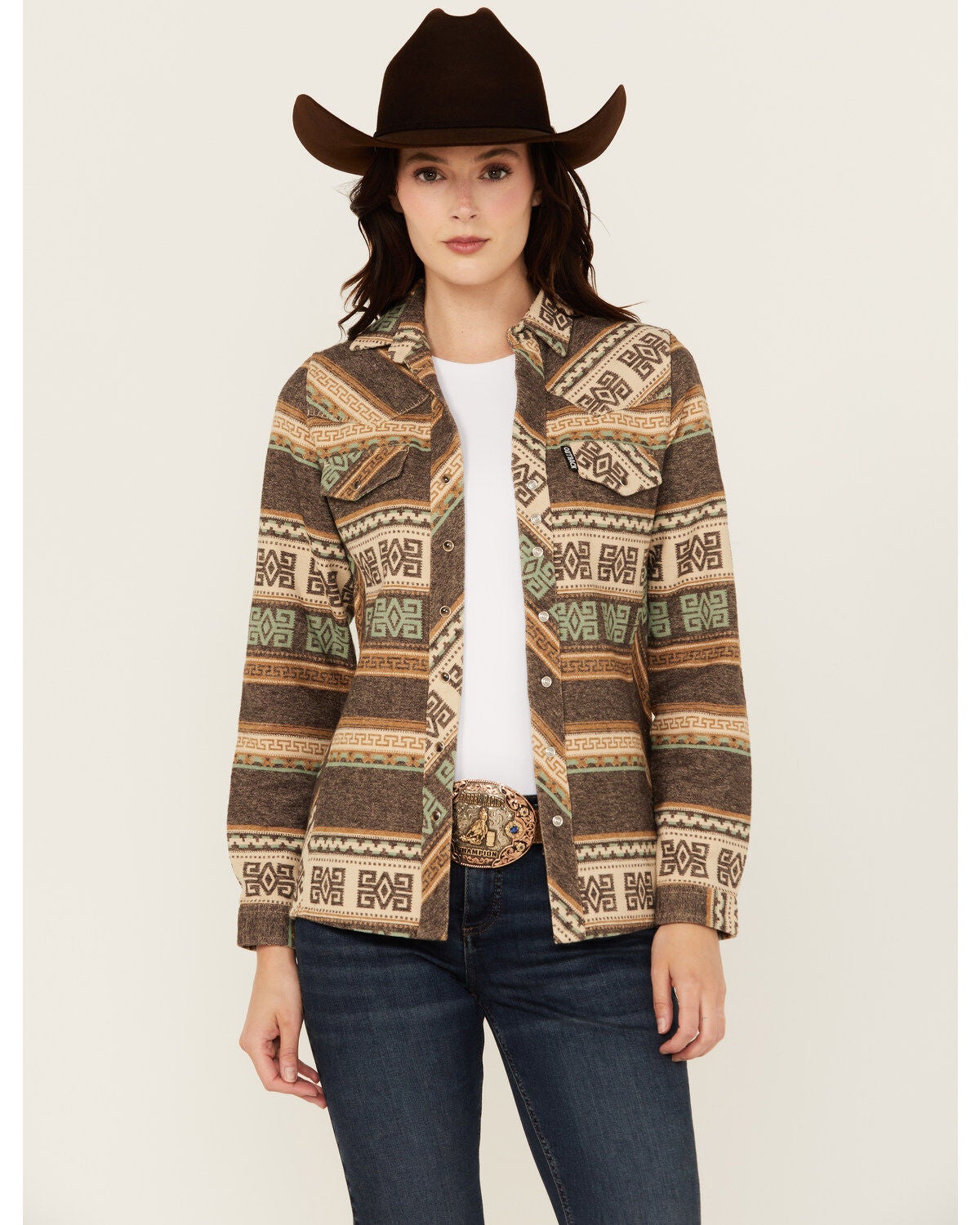 Outback Trading Co Women's Lorelei Southwestern Print Long Sleeve Snap Performance Shirt, Chocolate, hi-res
