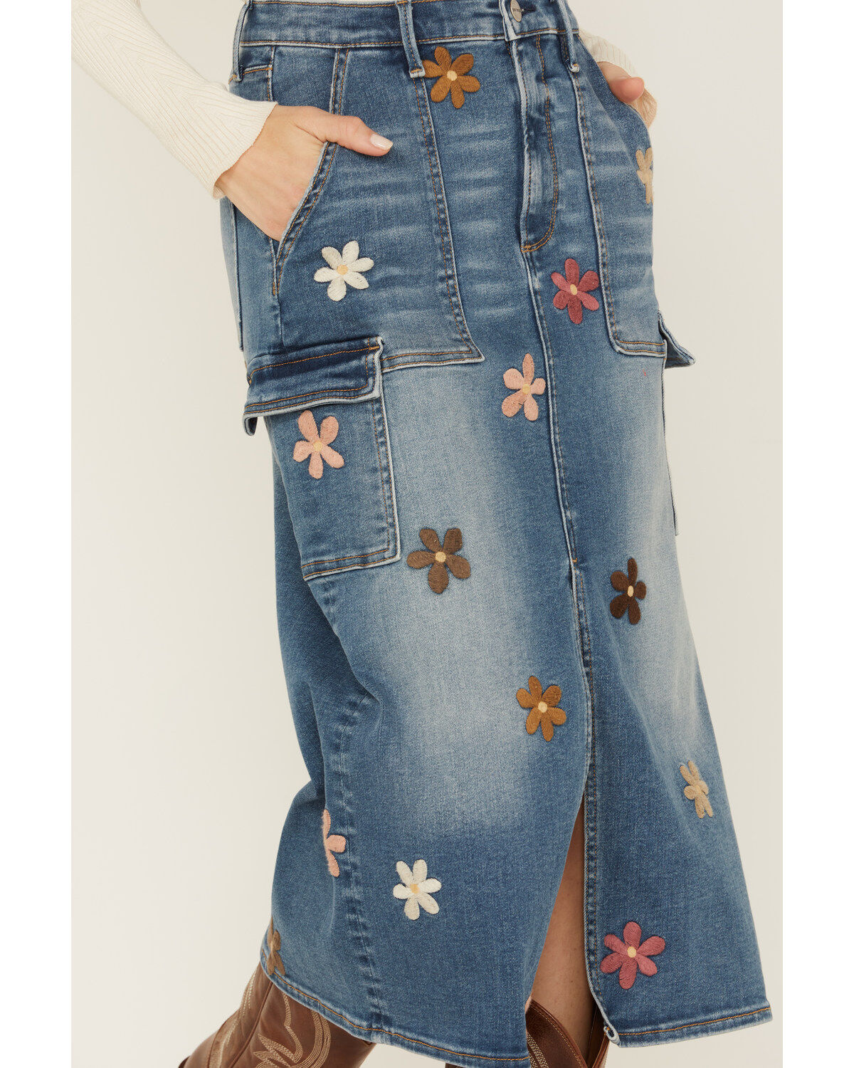 Image #2 - Driftwood Women's Medium Wash Floral Embroidered Denim Cargo Midi Skirt, Dark Wash, hi-res