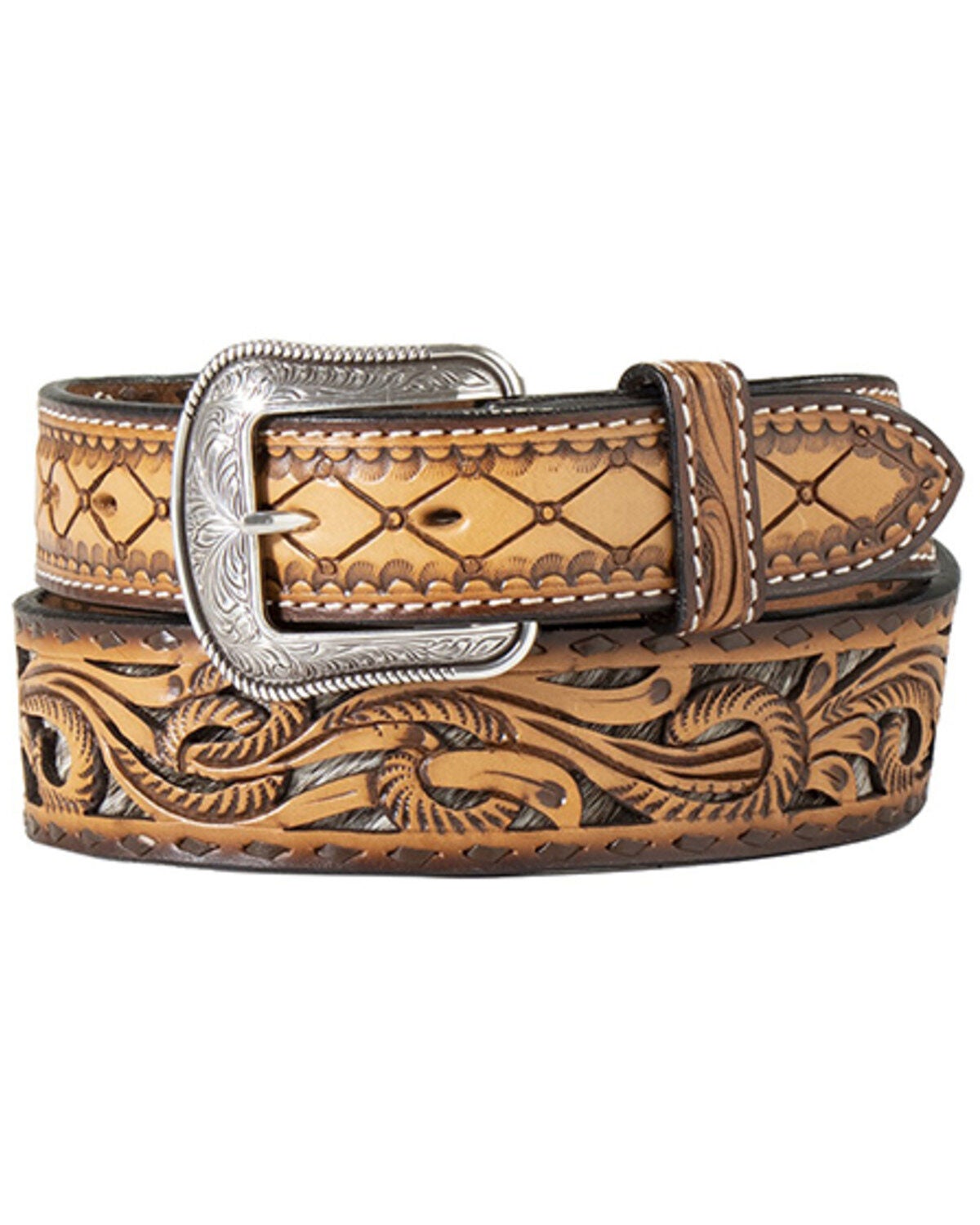 M & F Western Men's Tooled Leather Belt, Brown, hi-res
