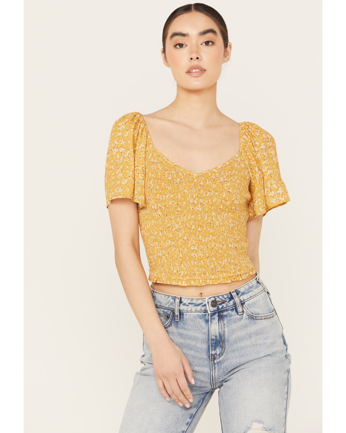 Beyond The Radar Women's Floral Printed Smocked Top, Mustard, hi-res