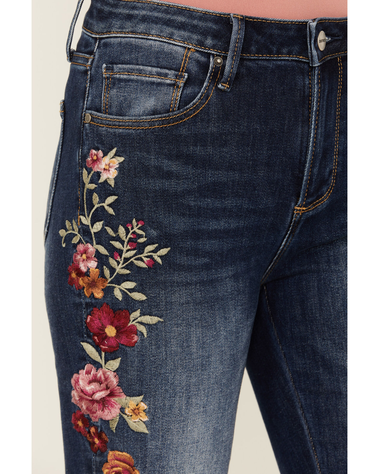 Escada Dark Blue Cotton Stretch Denim Embroidered Floral Motif Flared Jeans  M For Sale at 1stDibs