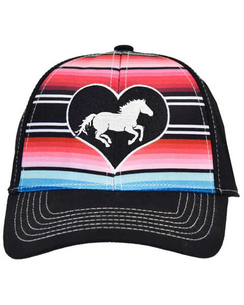 Image #1 - Cowgirl Hardware Girls' Serape Heart Horse Baseball Cap, Black, hi-res