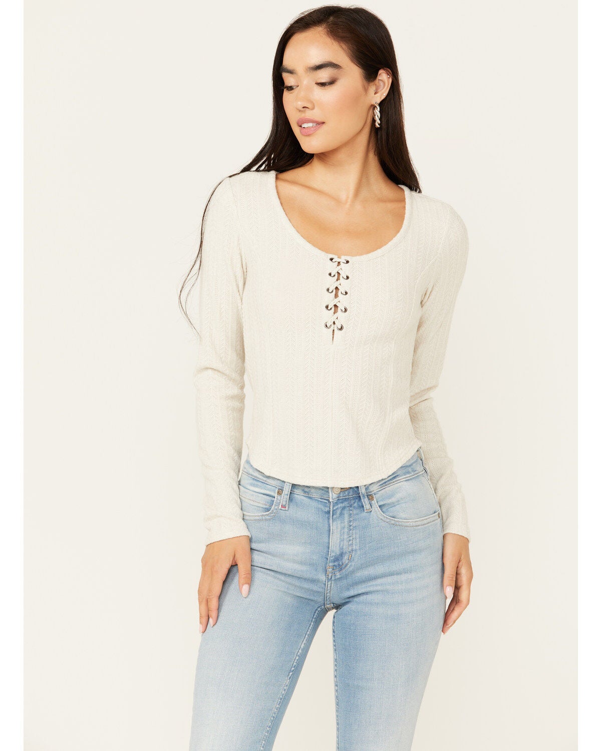 Idyllwind Women's Hummingbird Tie Front Long Sleeve Top, Stone, hi-res