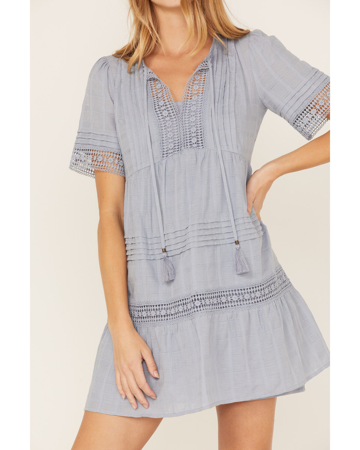 Image #2 - Jolt Women's Crochet Trim Tassel Short Sleeve Mini Dress, , hi-res
