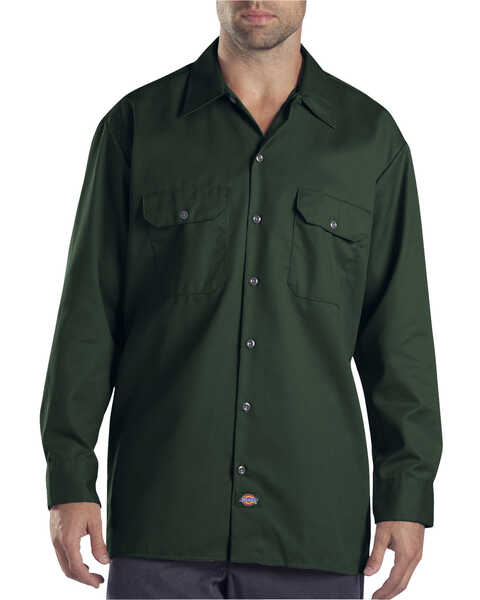 Image #1 - Dickies Men's Solid Twill Button Down Long Sleeve Work Shirt, Hunter Green, hi-res