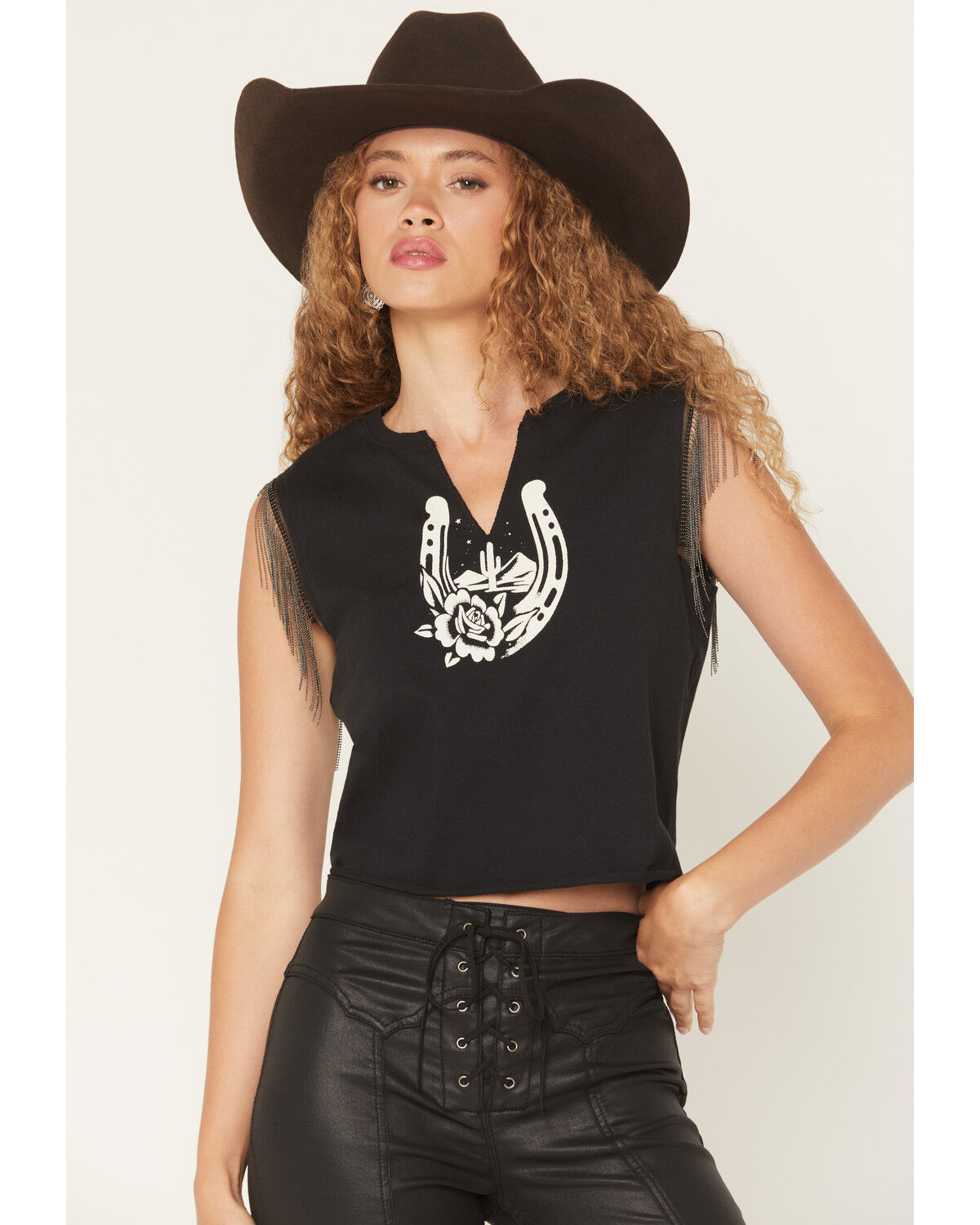 Image #1 - Idyllwind Women's Jane Horseshoe Fringe Graphic Muscle Tank Top, Black, hi-res