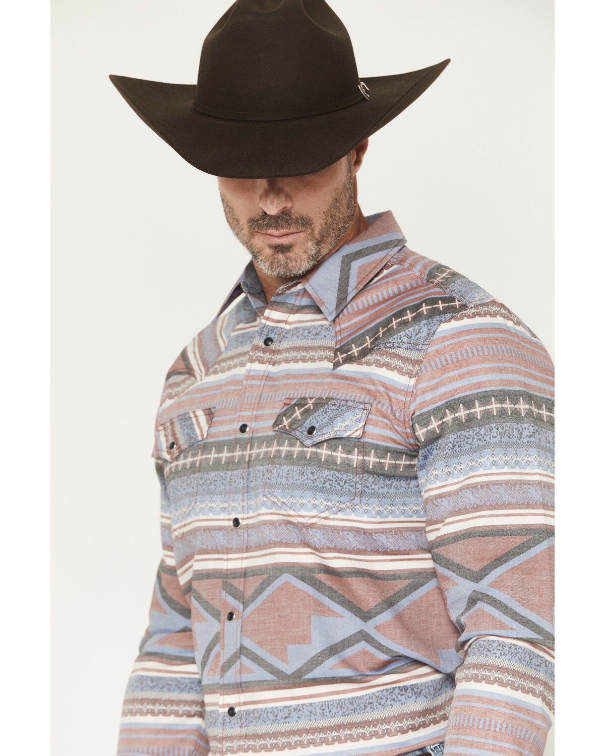 Image #2 - Cody James Men's Mountain Ranger Southwestern Striped Long Sleeve Snap Western Shirt, Burgundy, hi-res